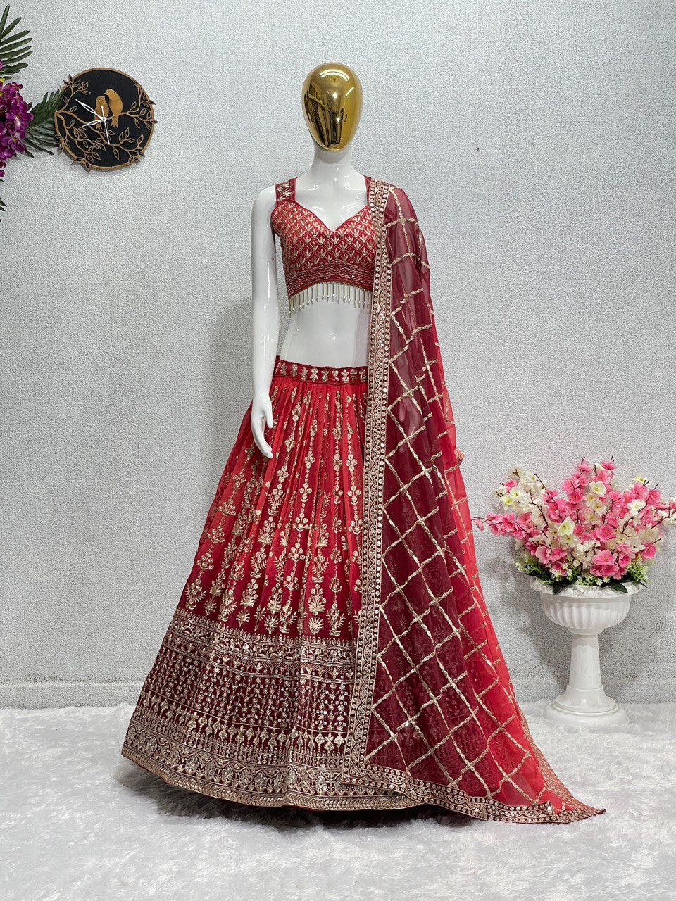 BRIDAL WEAR HEAVY FUAX GEORGETTE EMBROIDERED SEQUENCE WORK LEHENGAS CHOLI WITH DUPATTA CF-1610