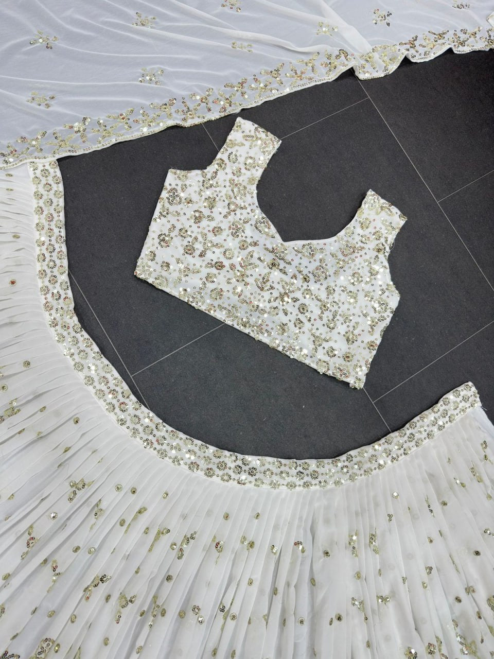 White  Color Foux Gorgette  Lehenga Choli Set LC-6414