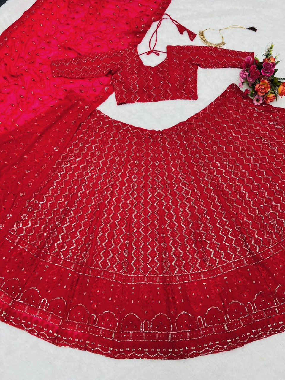 Red Color  Faux Gorgette Lehenga Choli Set LC-6424