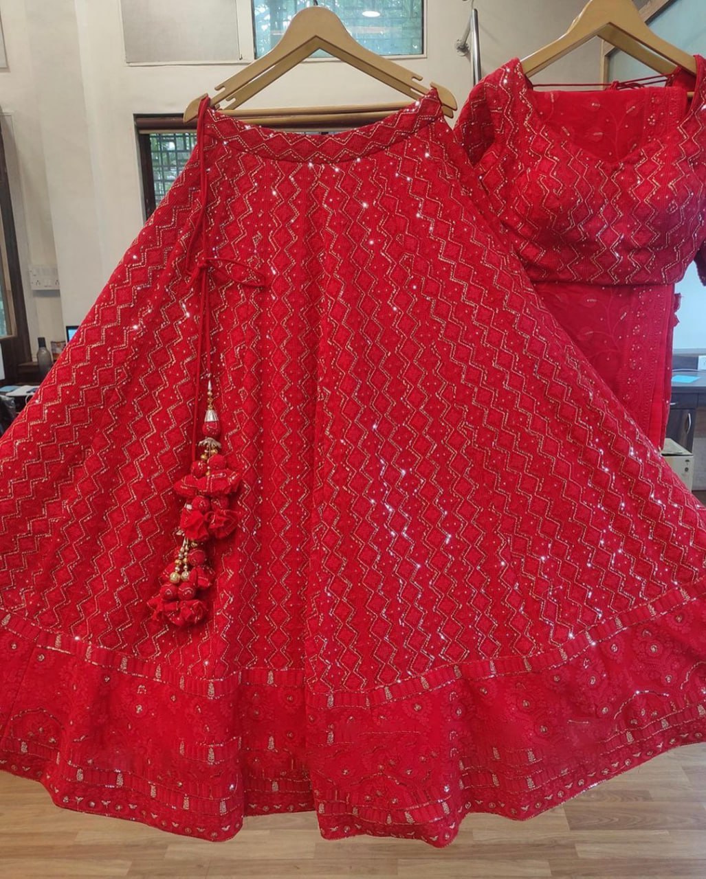 Red Color  Faux Gorgette Lehenga Choli Set LC-6424