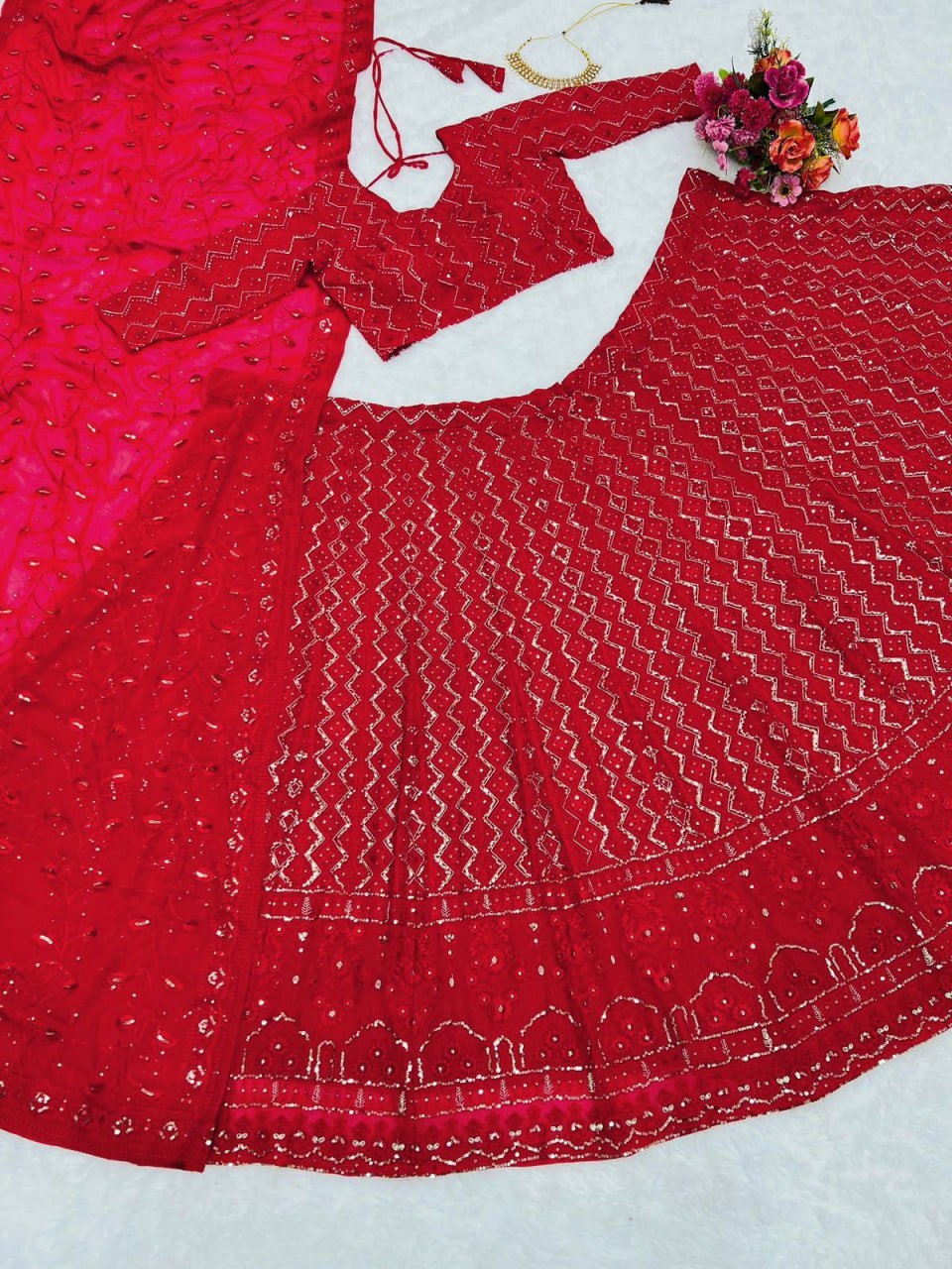 Red Color  Faux Gorgette Lehenga Choli Set LC-6424