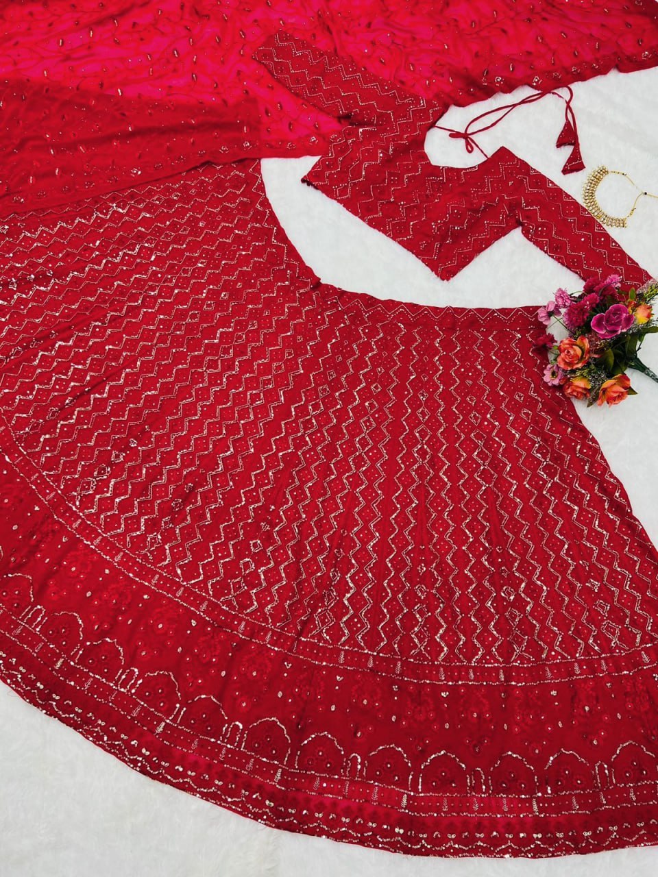 Red Color  Faux Gorgette Lehenga Choli Set LC-6424