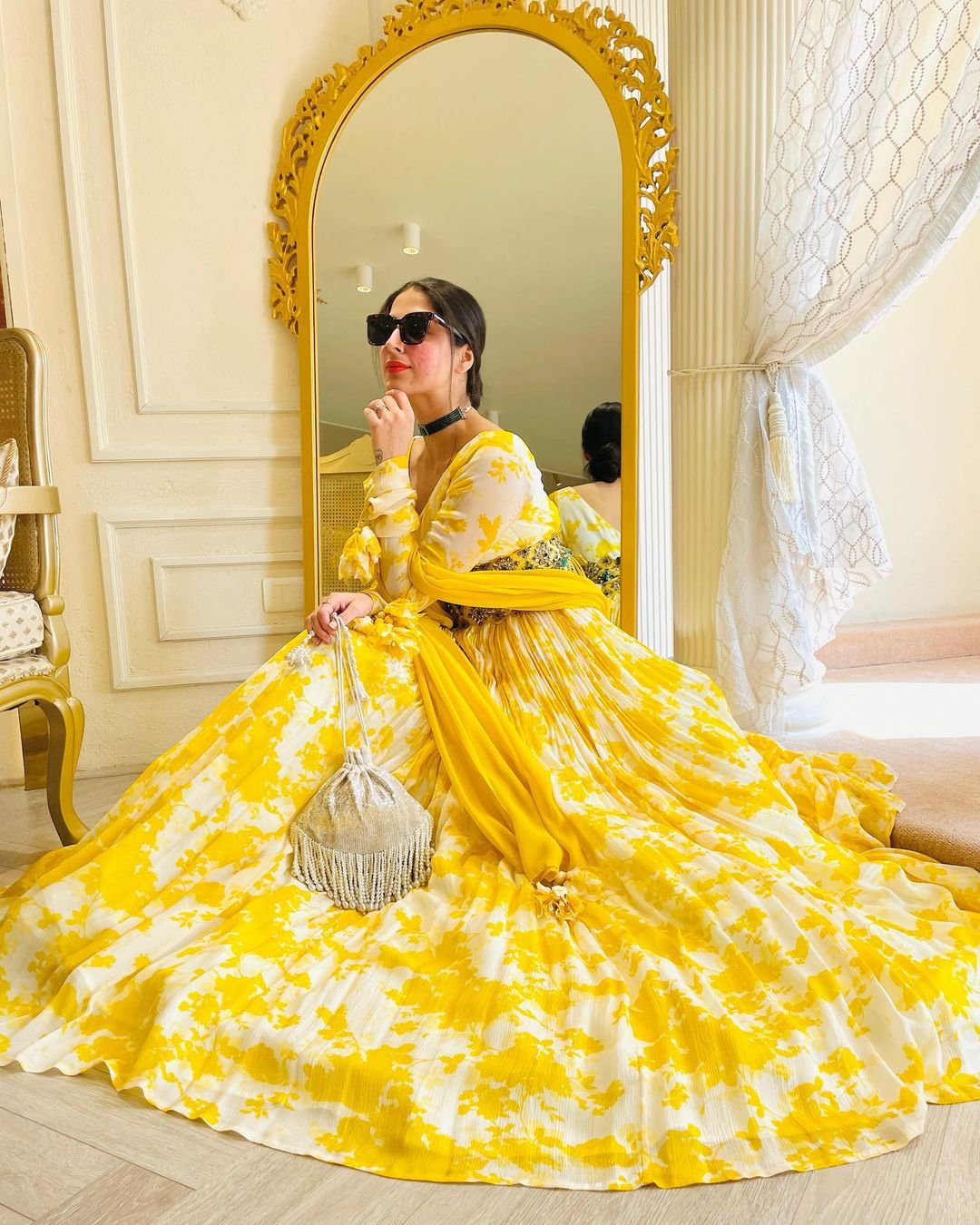 Yellow Digital Printed Readymade Anarkali Style Gown