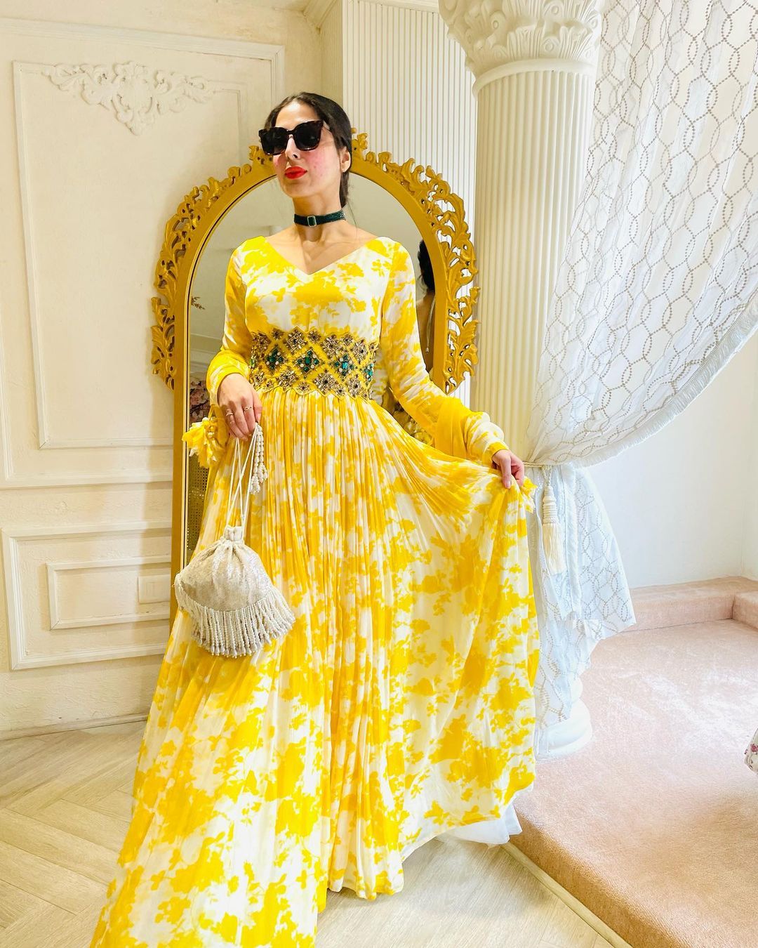 Yellow Digital Printed Readymade Anarkali Style Gown