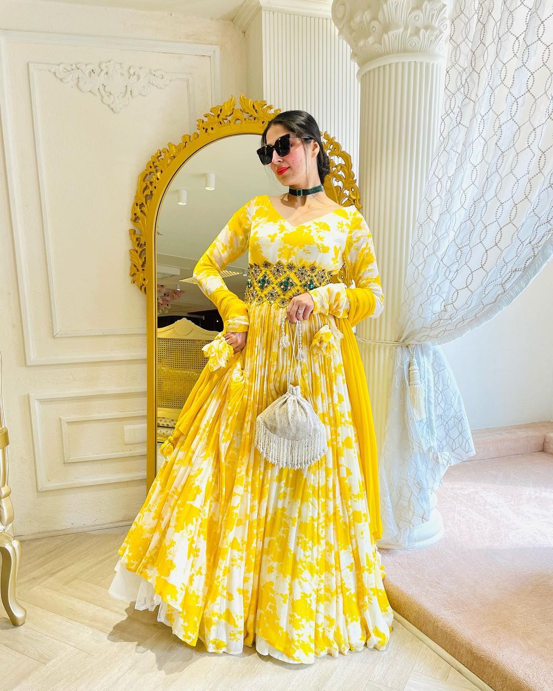 Yellow Digital Printed Readymade Anarkali Style Gown