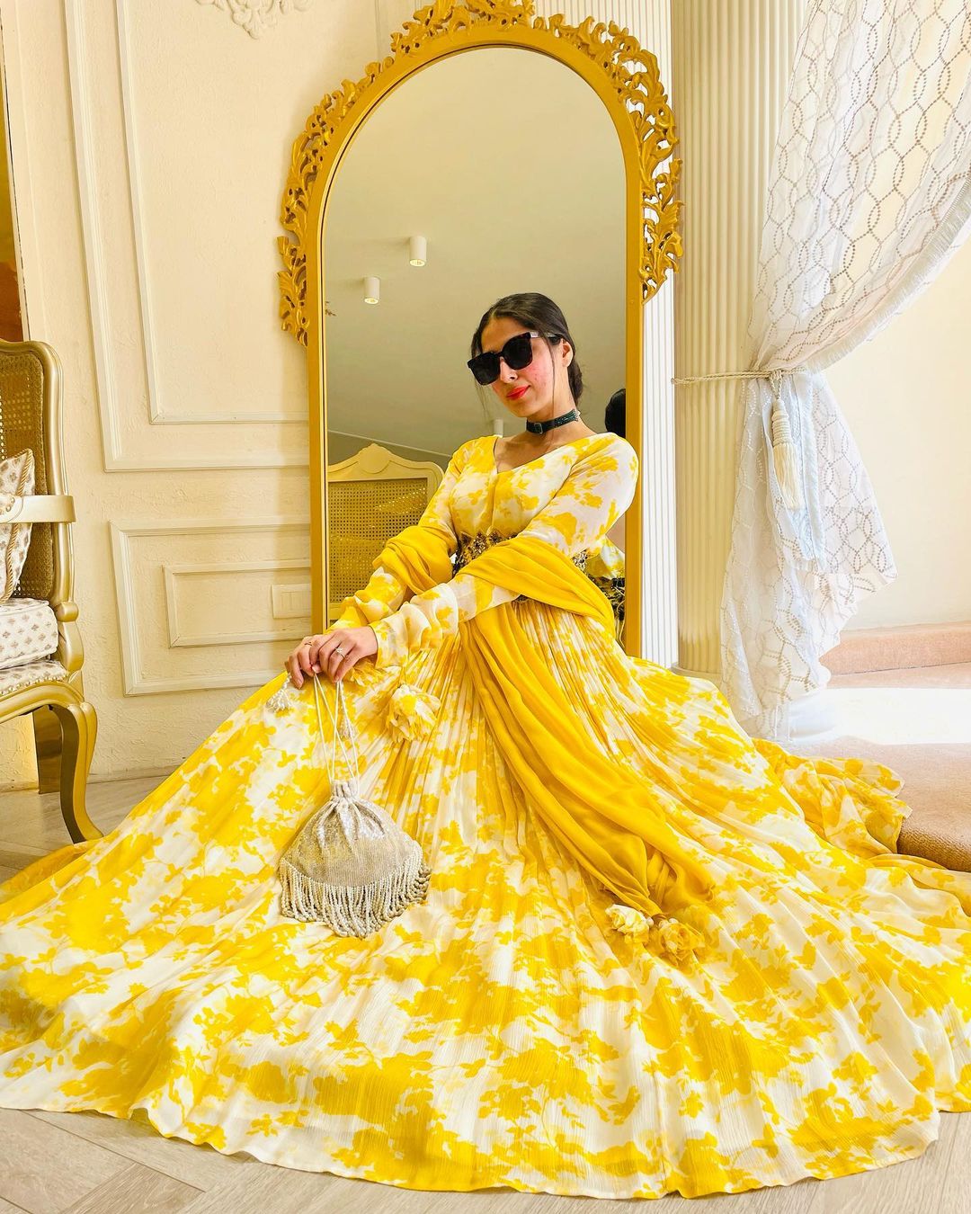 Yellow Digital Printed Readymade Anarkali Style Gown