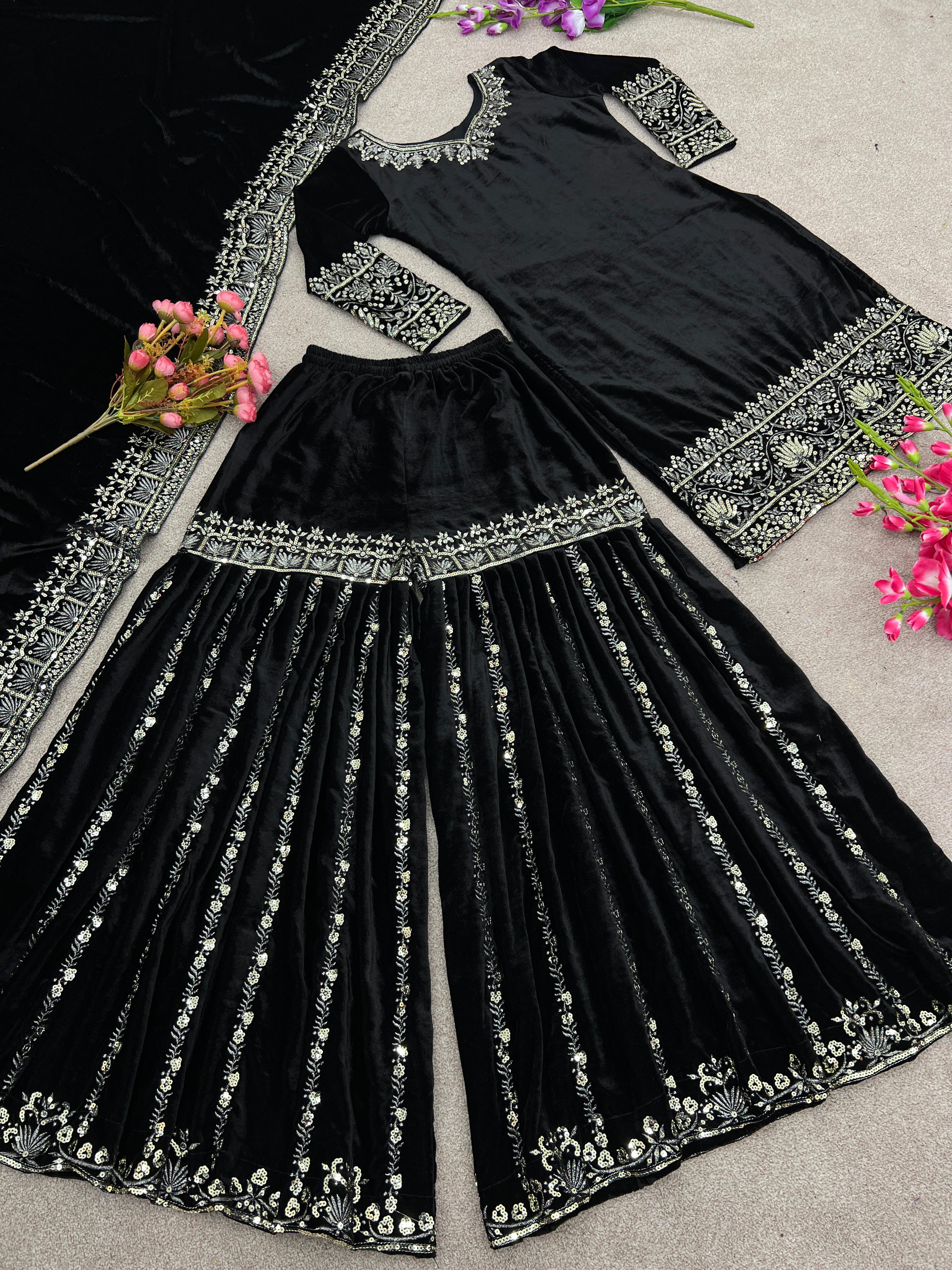 Luxurious Velvet Suit with Heavy Embroidery Sequence Work and Velvet Dupatta