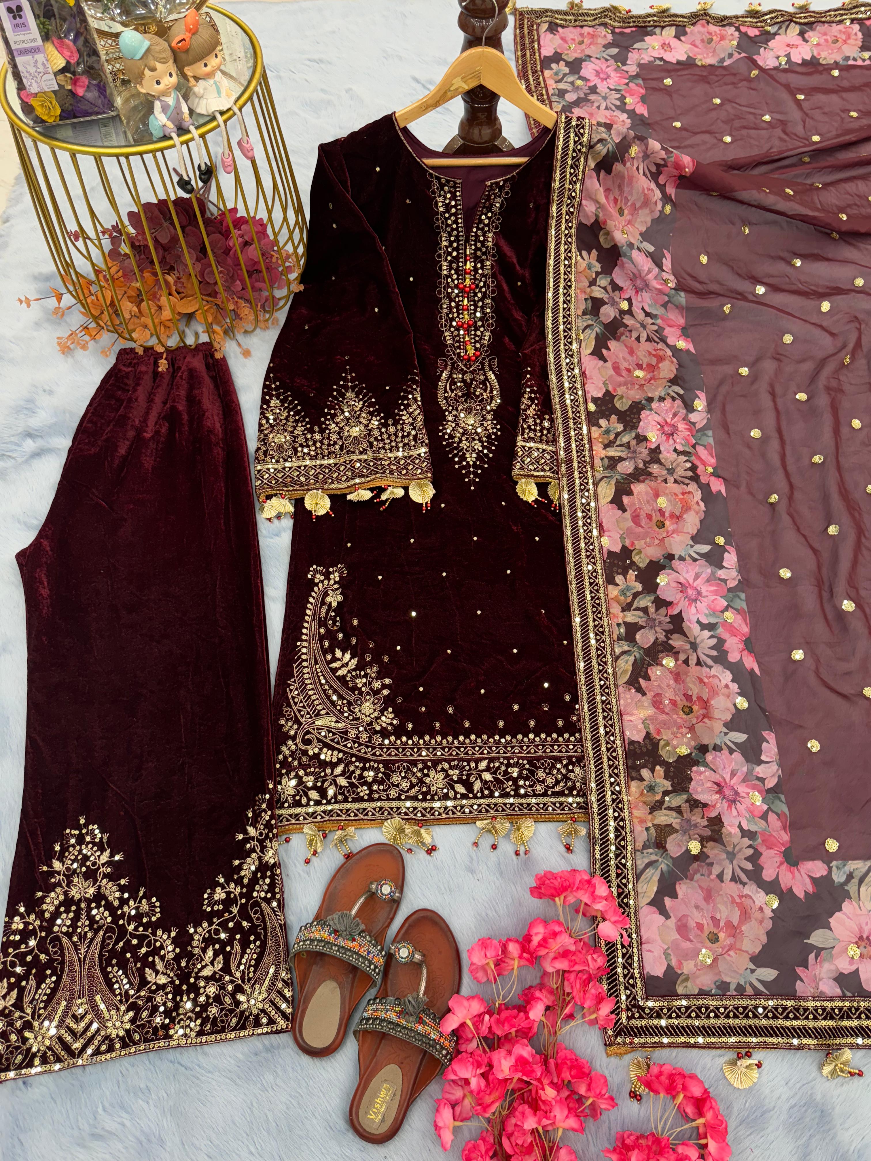 Pure Viscose Velvet Suit Set with Embroidery Sequence & Organza Silk Dupatta