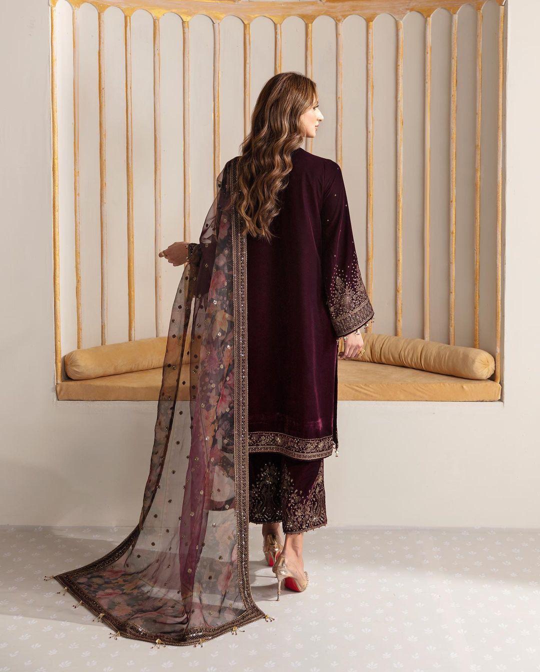 Pure Viscose Velvet Suit Set with Embroidery Sequence & Organza Silk Dupatta