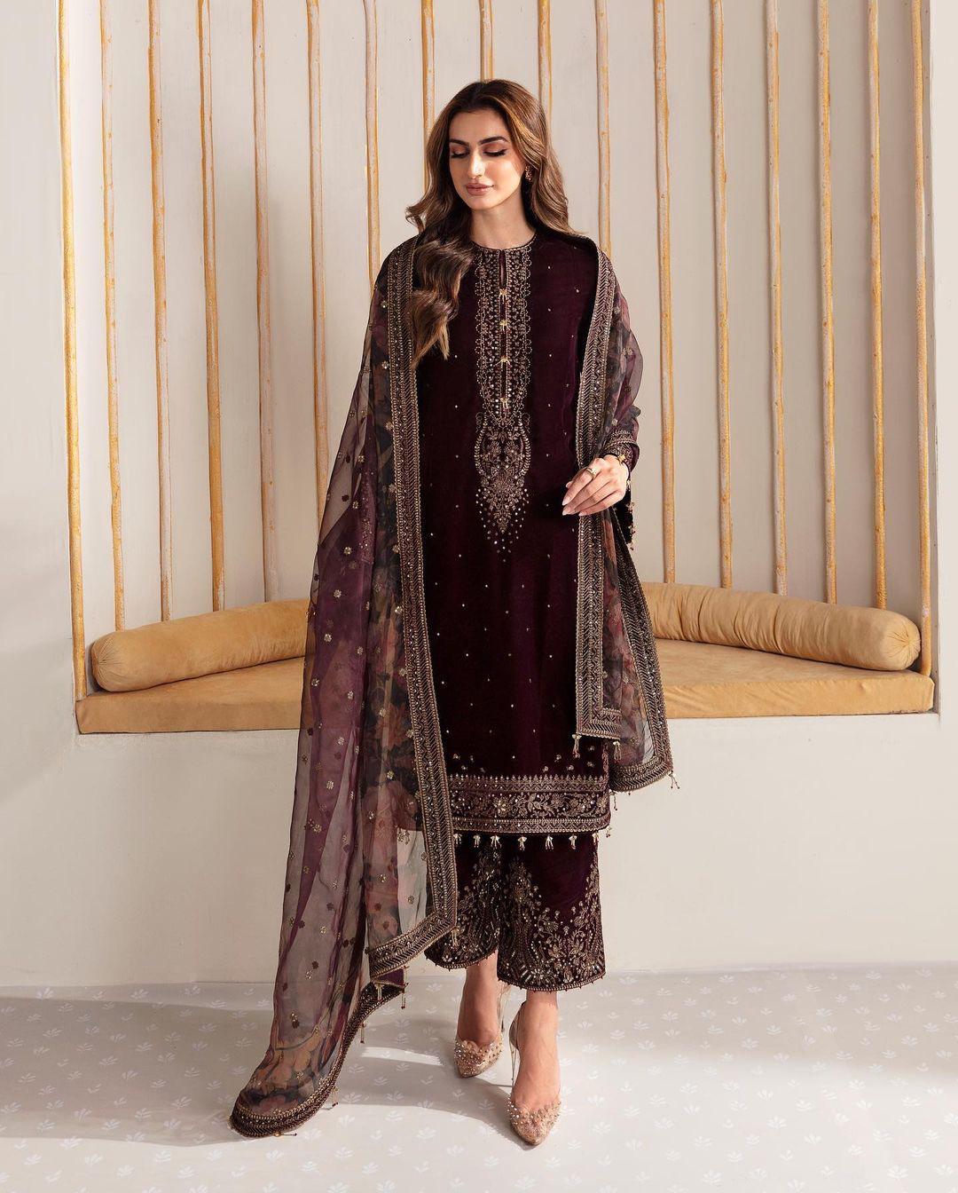 Pure Viscose Velvet Suit Set with Embroidery Sequence & Organza Silk Dupatta