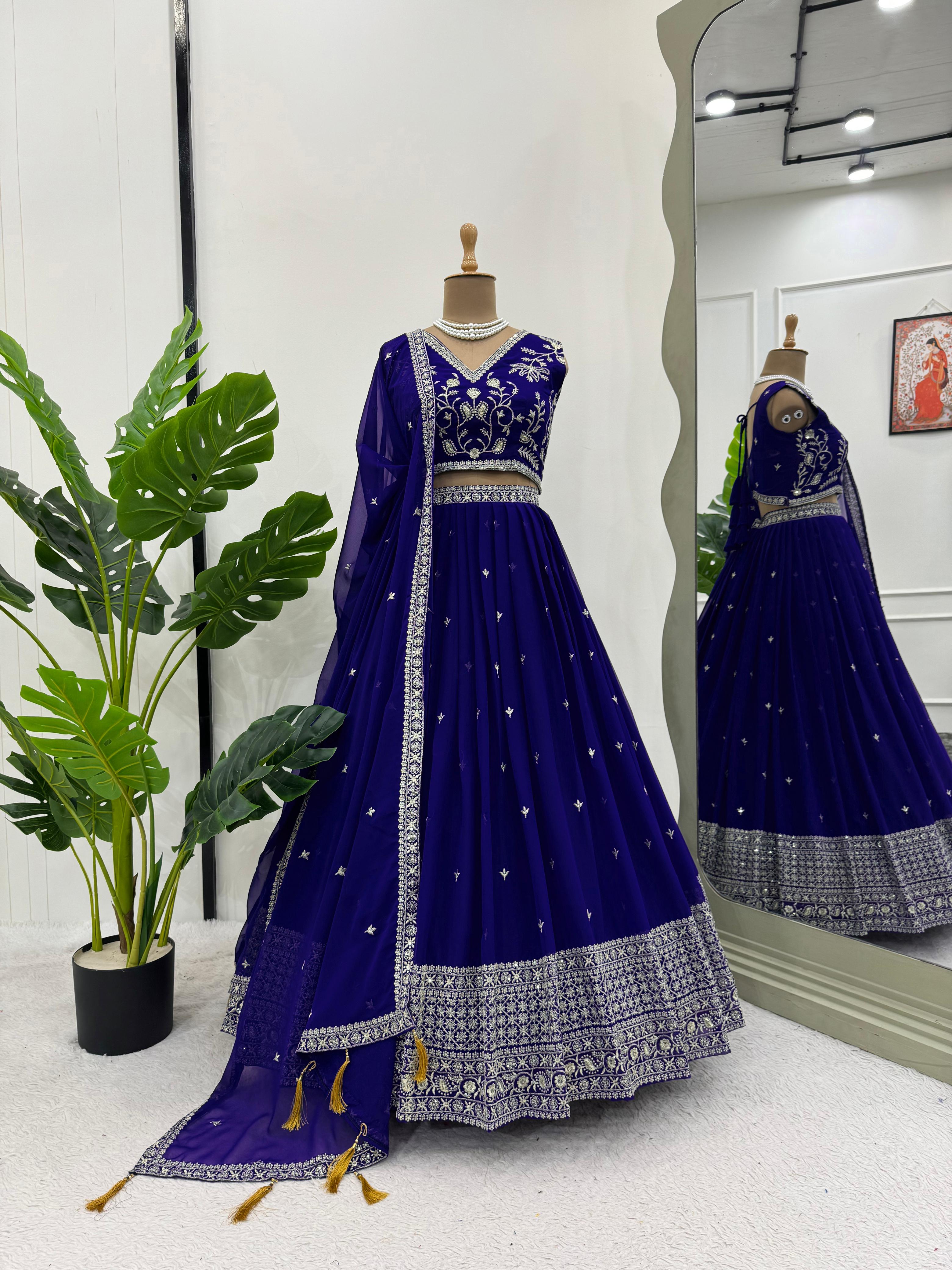 Blue Faux Georgette Sequins Work Lehenga Choli With Dupatta