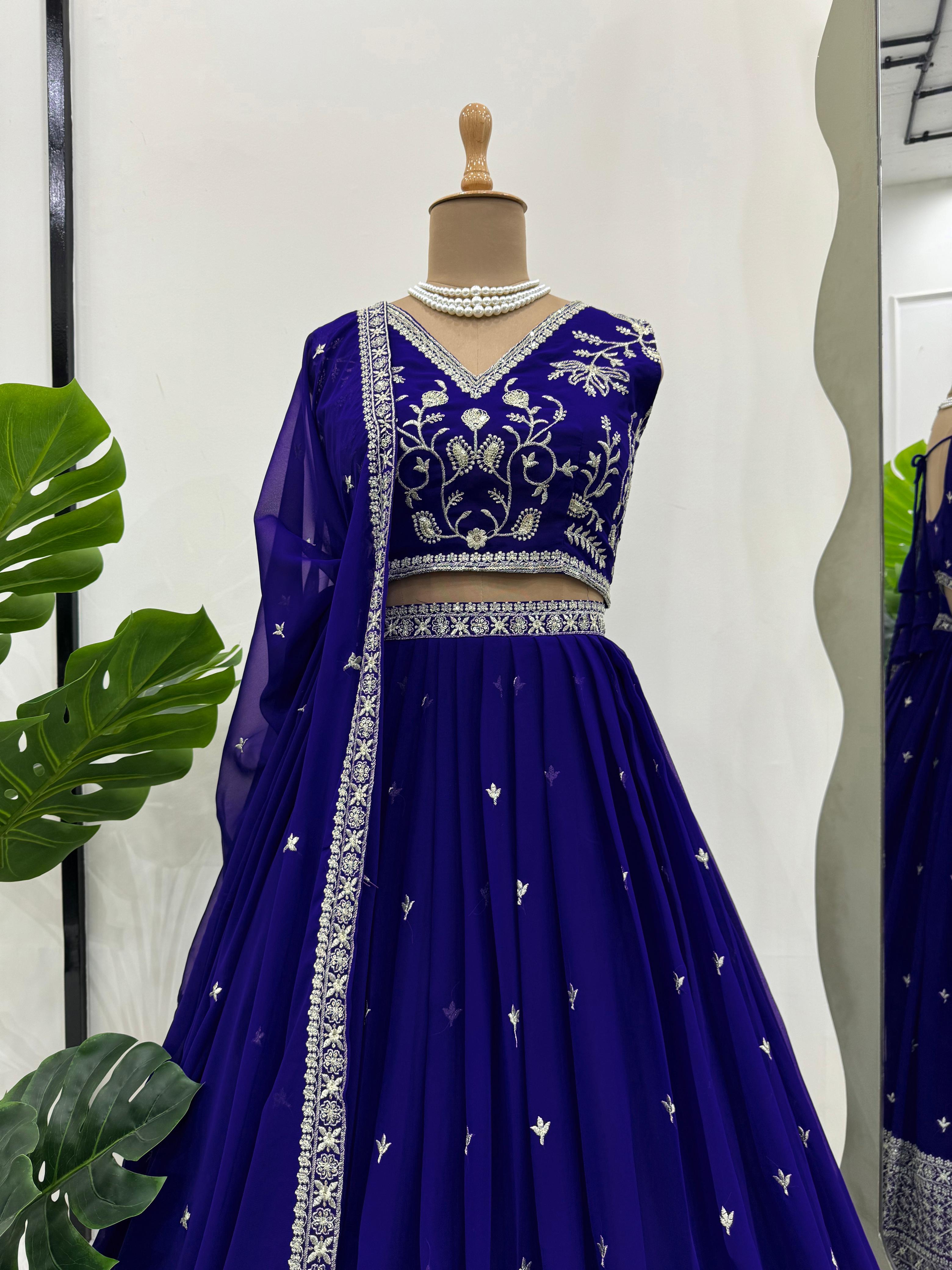 Blue Faux Georgette Sequins Work Lehenga Choli With Dupatta