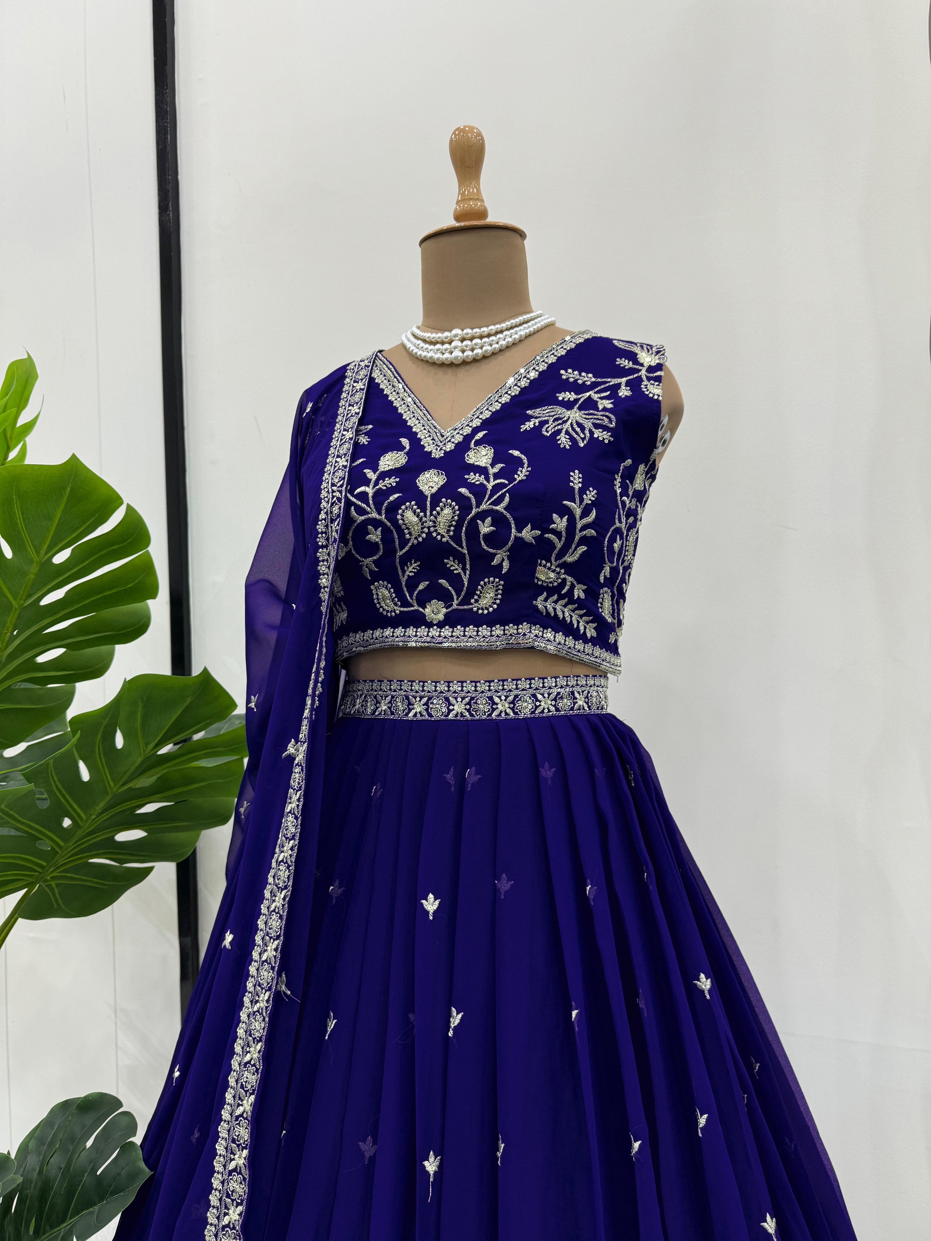 Blue Faux Georgette Sequins Work Lehenga Choli With Dupatta