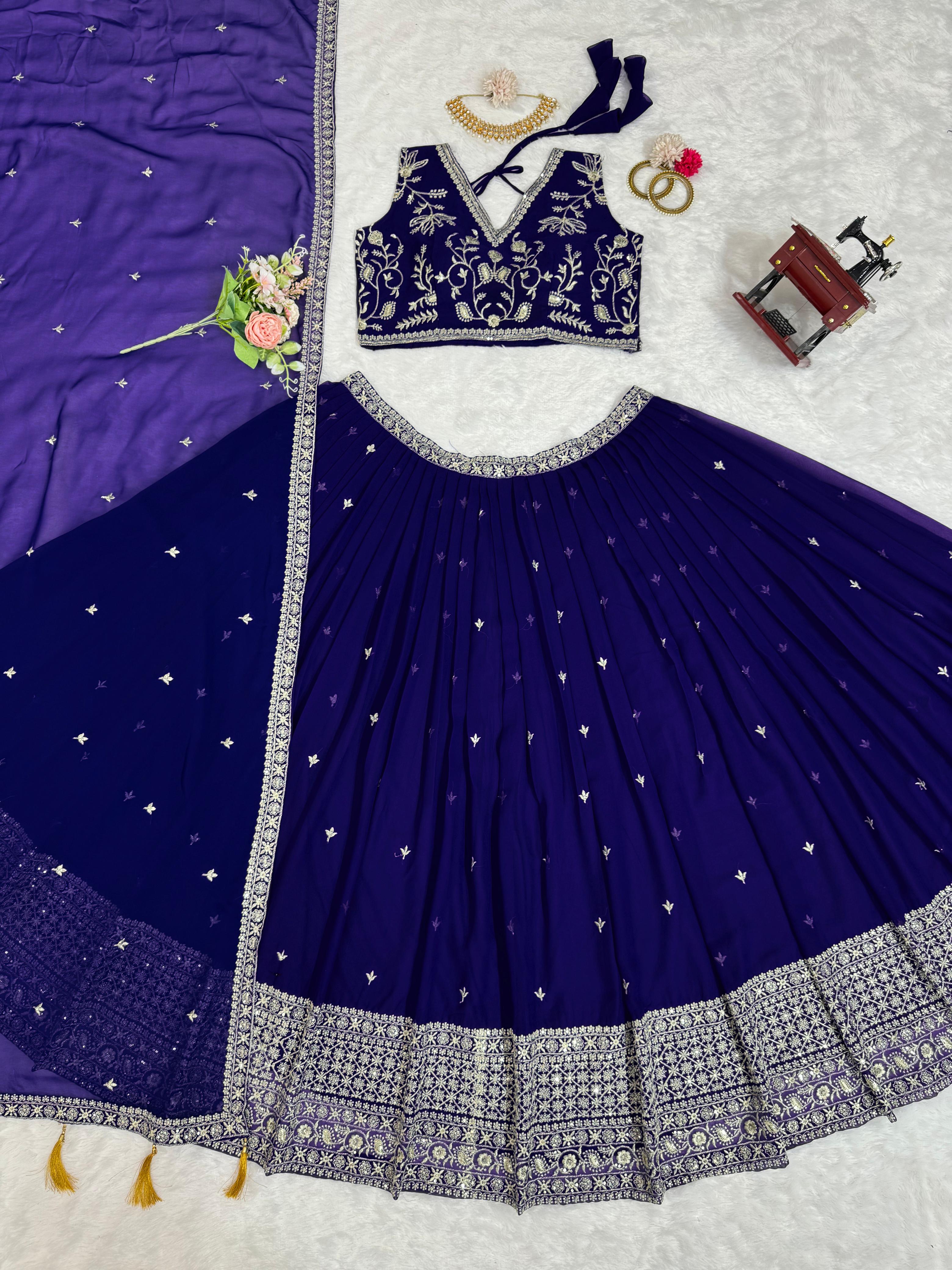 Blue Faux Georgette Sequins Work Lehenga Choli With Dupatta