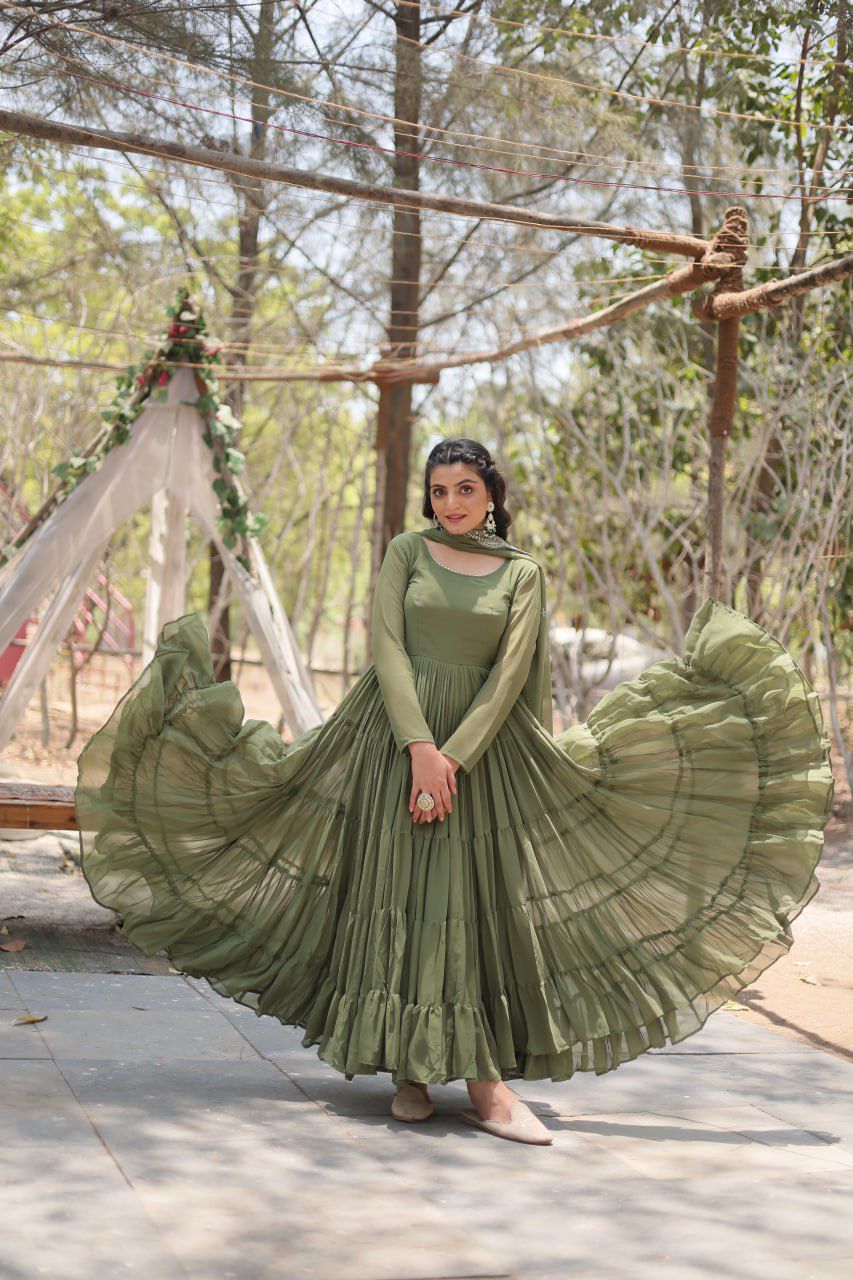 Fully Flaired Gown Made With Faux Georgette Fabrics and Designer Embroidered Dupatta