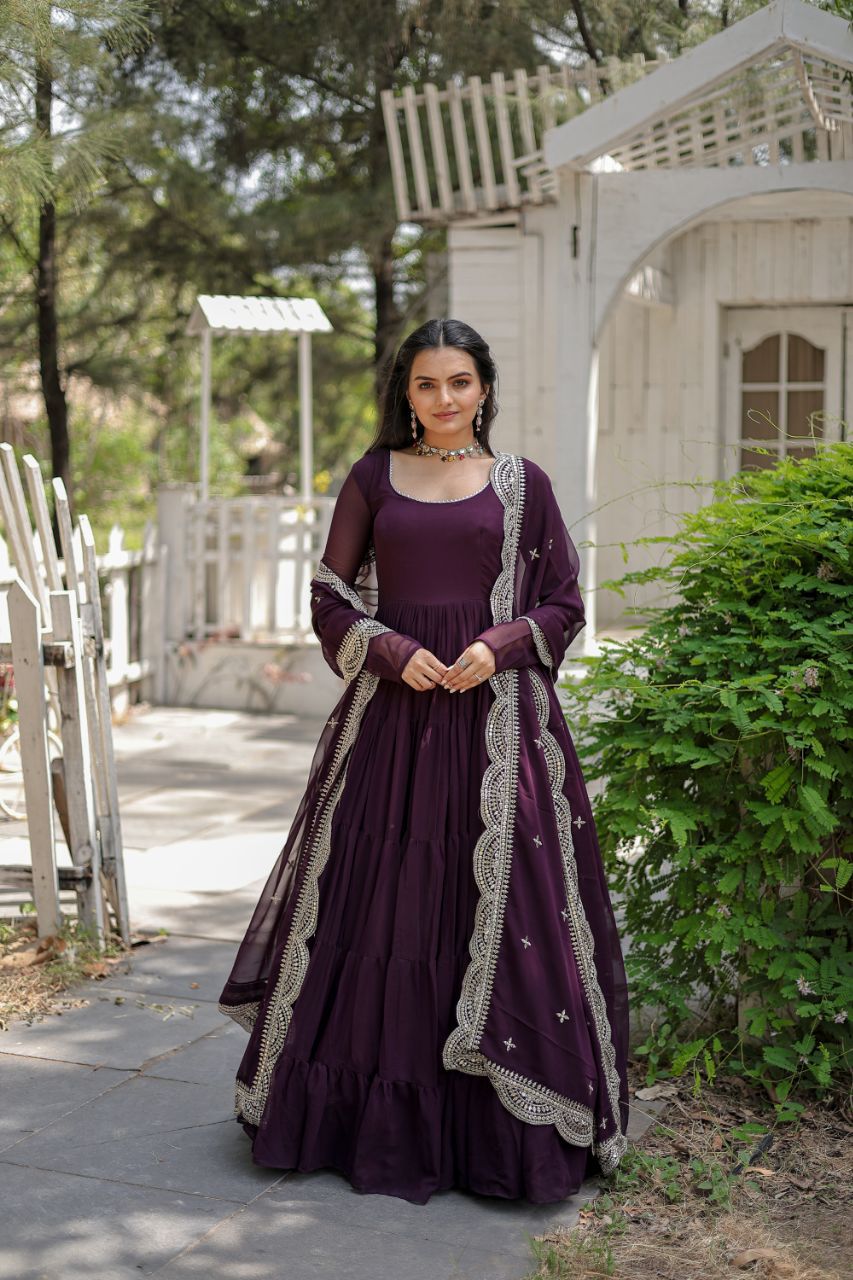 Fully Flaired Gown Made With Faux Georgette Fabrics and Designer Embroidered Dupatta