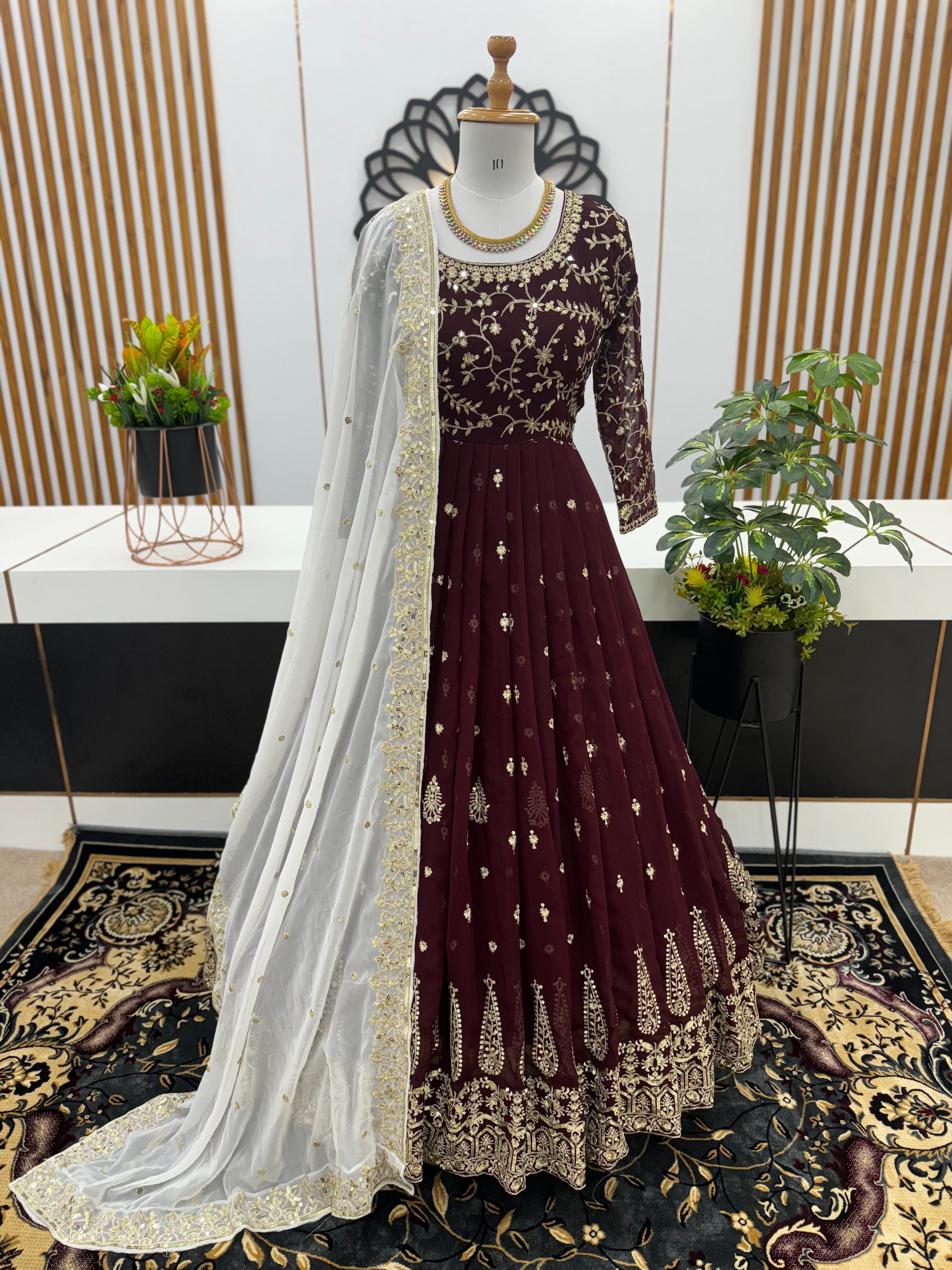 Designer Party Wear Look Full Heavy Embroidery Sequence Work Gown With Fully Stiched Bottom and Dupatta