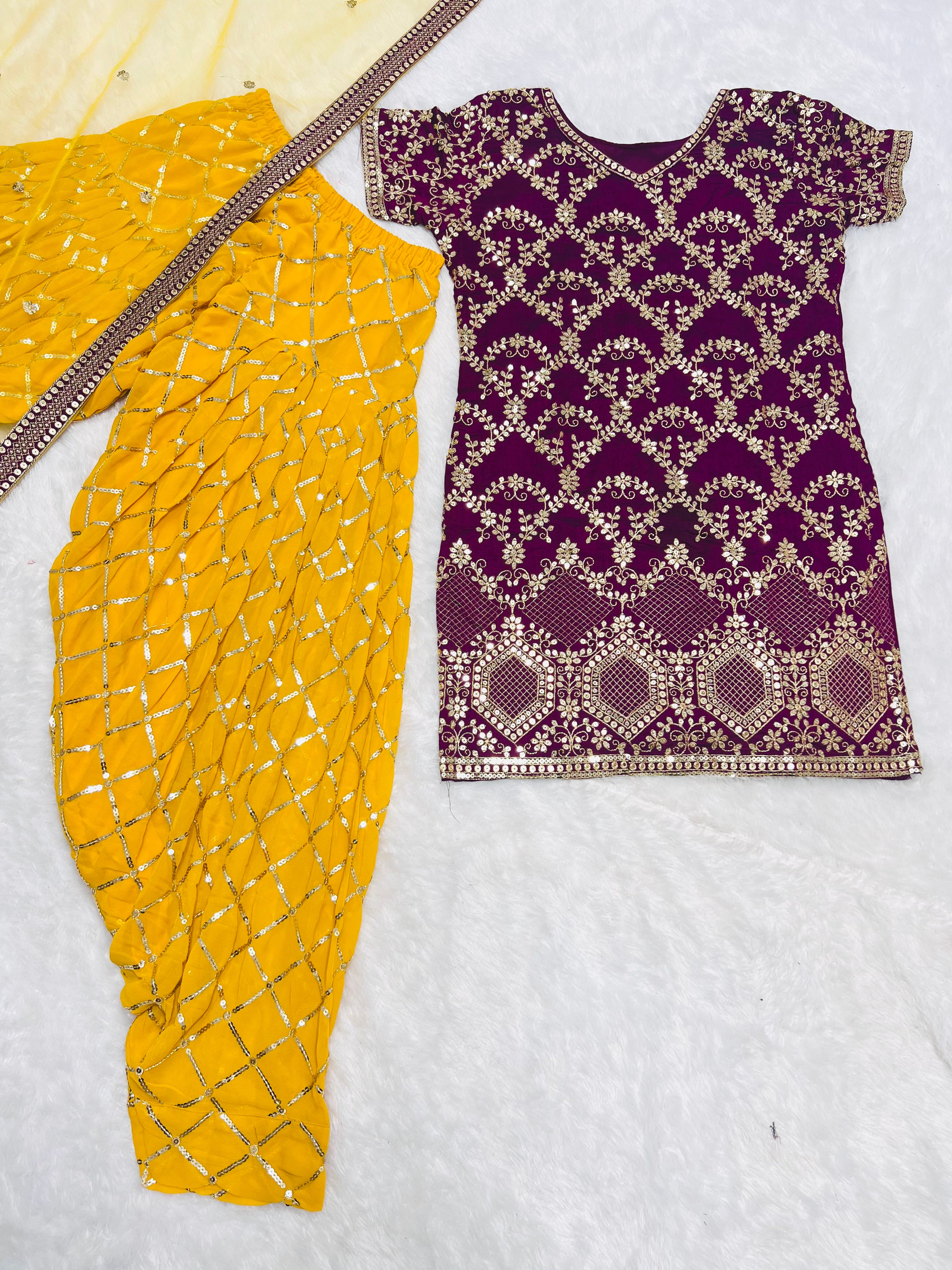 Silk Top-Patiala Set With Heavy Embroidery Sequence Work And Dupatta