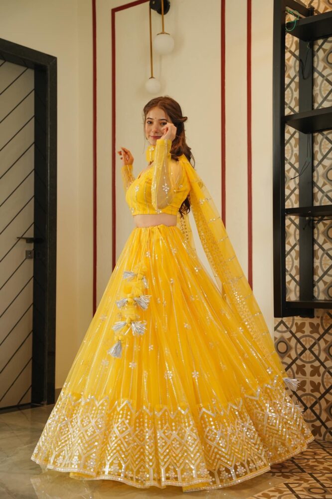 YELLOW NET LEHENGA CHOLI SET LA-3010