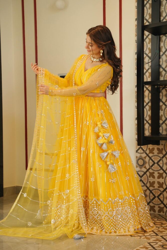 YELLOW NET LEHENGA CHOLI SET LA-3010