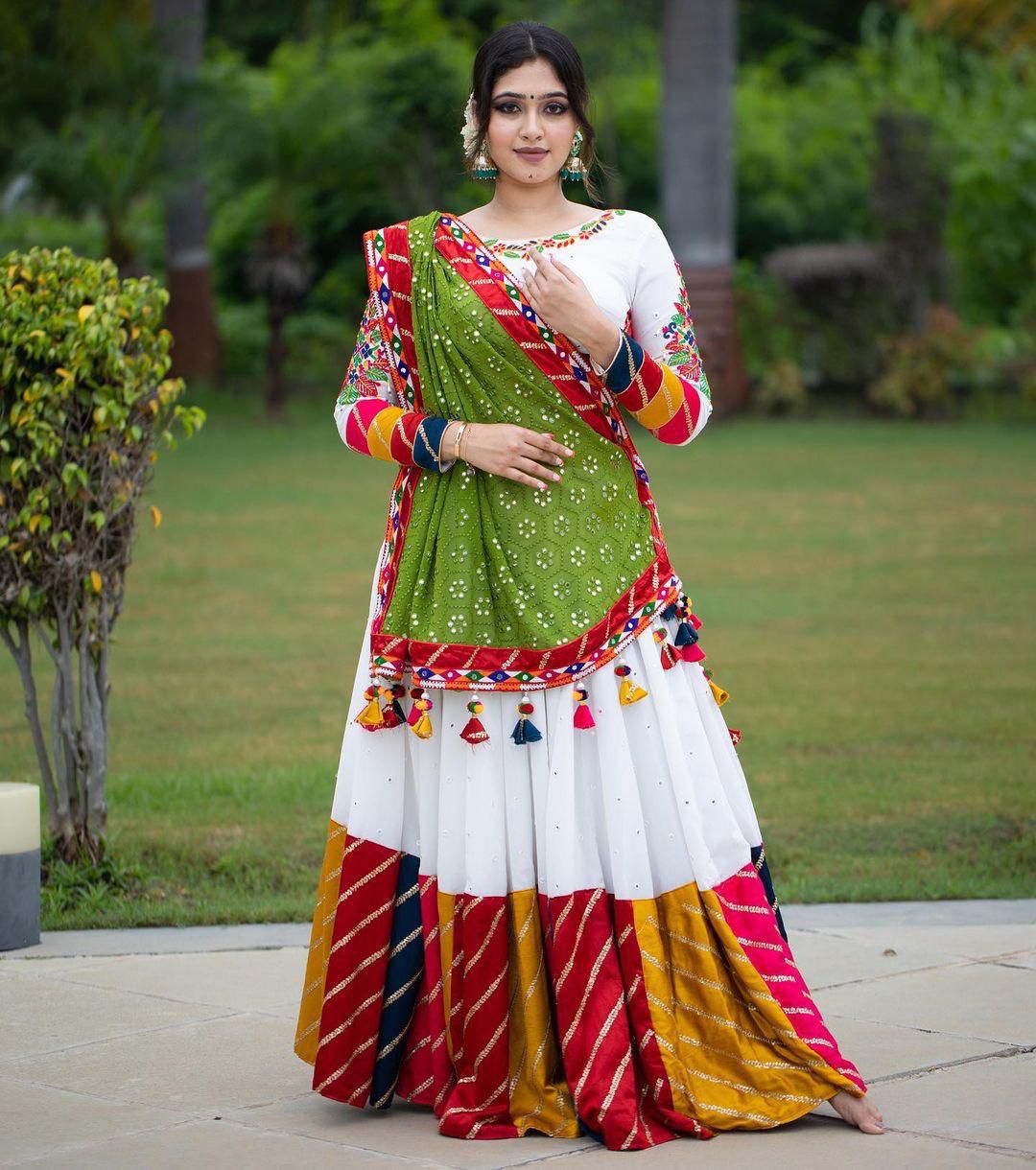 PRINTED AND  MIRROR WORK LEHENGA CHOLI WITH DUPATTA