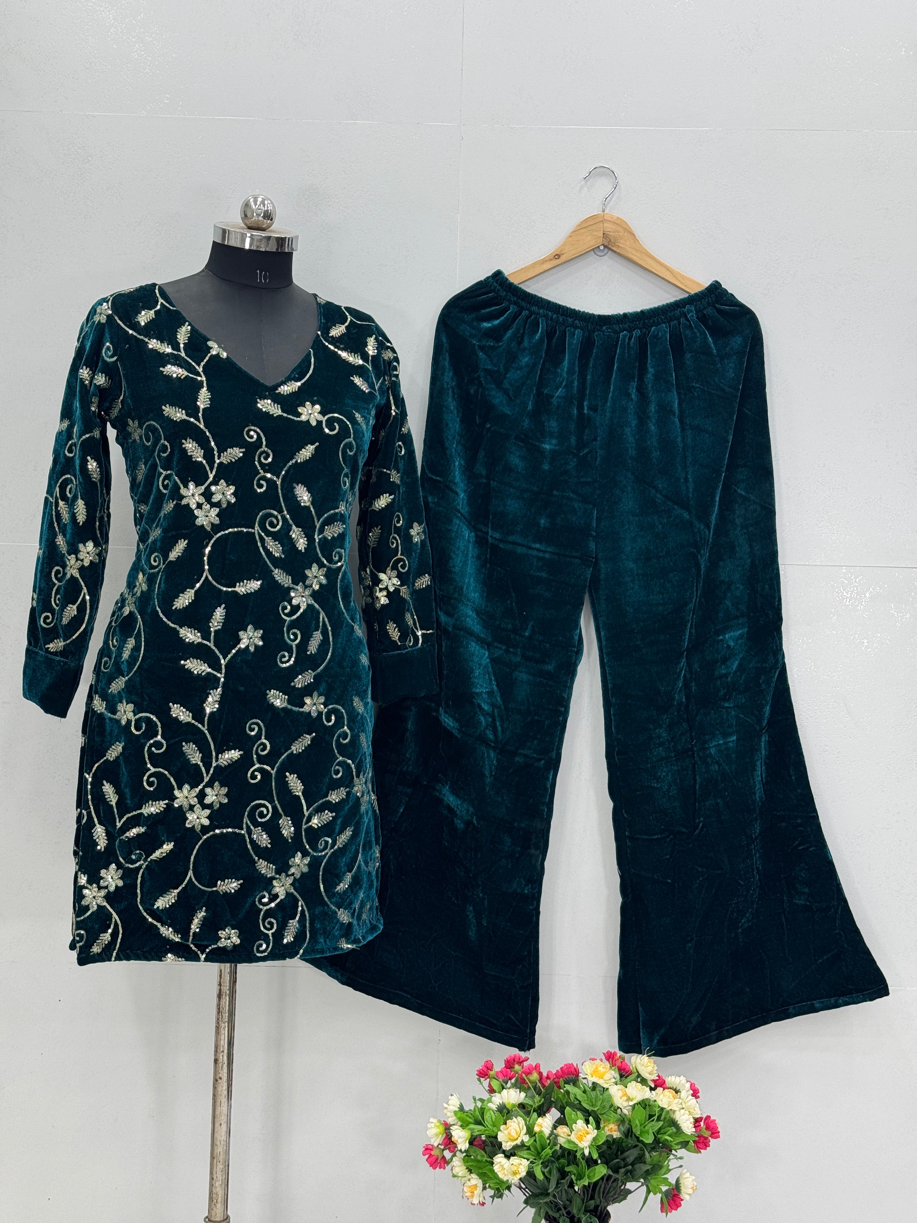 Designer Party Wear Velvet Top with Embroidery & Palazzo Set