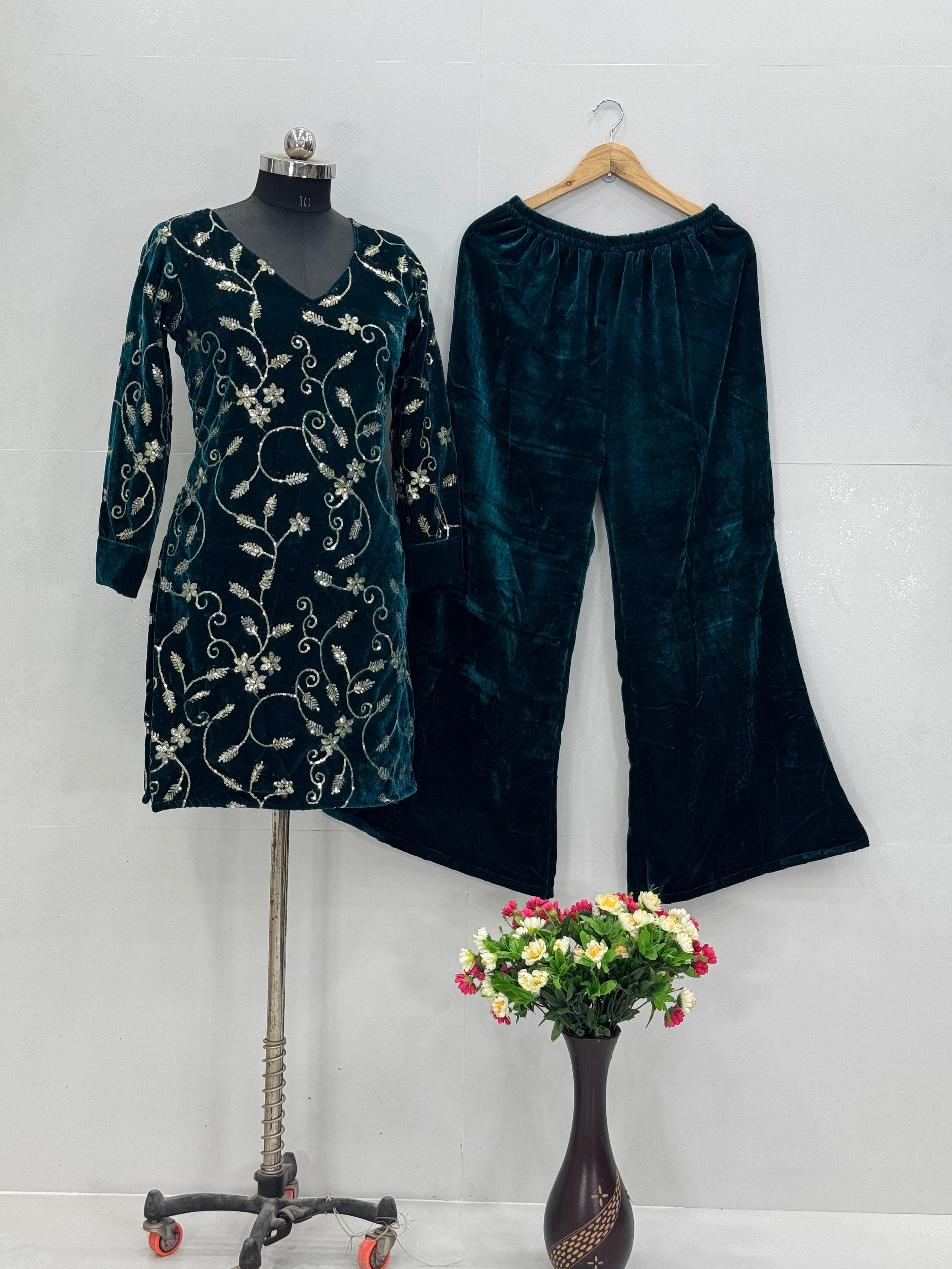 Designer Party Wear Velvet Top with Embroidery & Palazzo Set