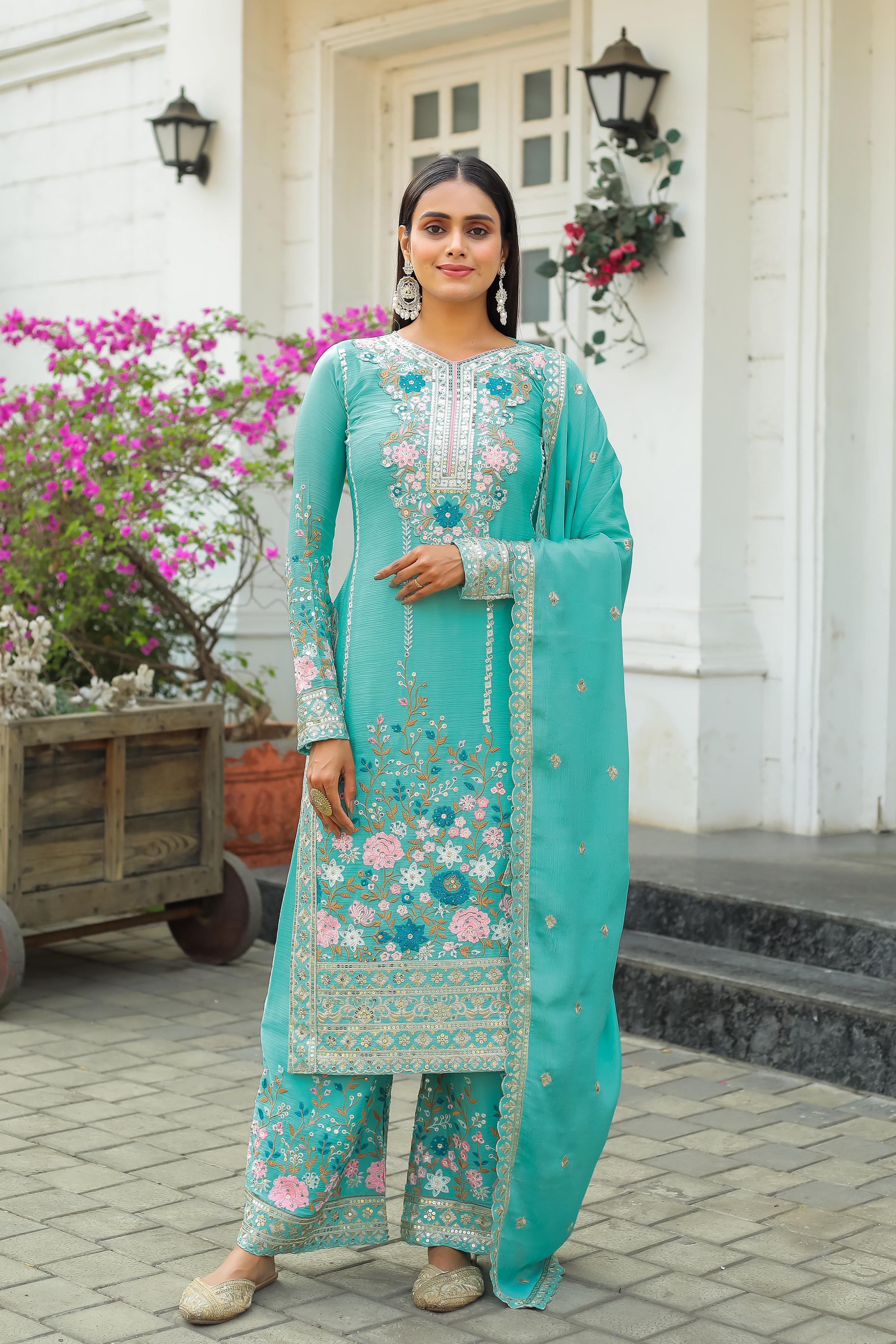 Designer Party Wear Look Pur Chinon Silk Top Plazzo & Dupatta Set