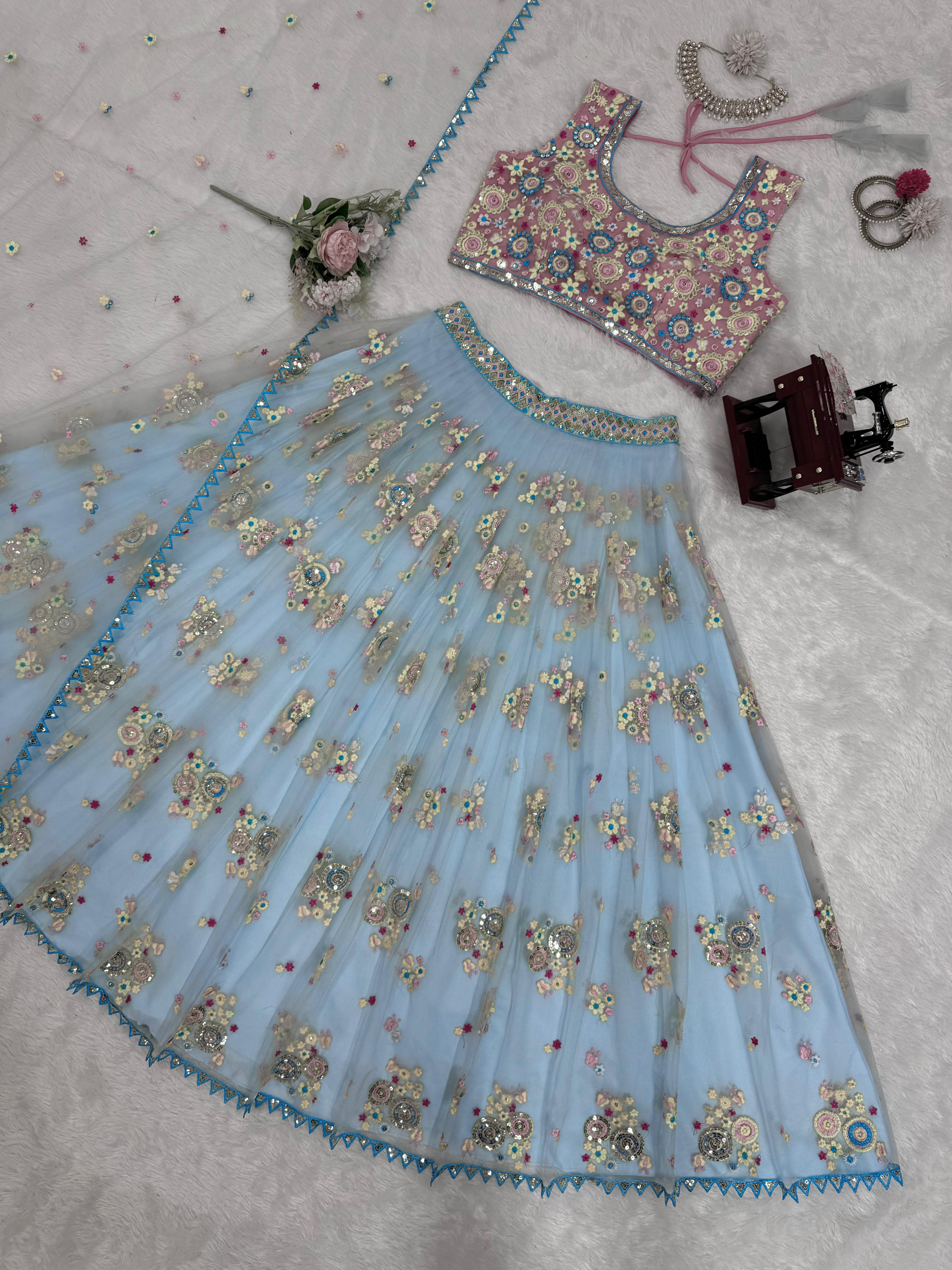 Net Lehenga Choli Set with Thread and Sequins Work With Dupatta