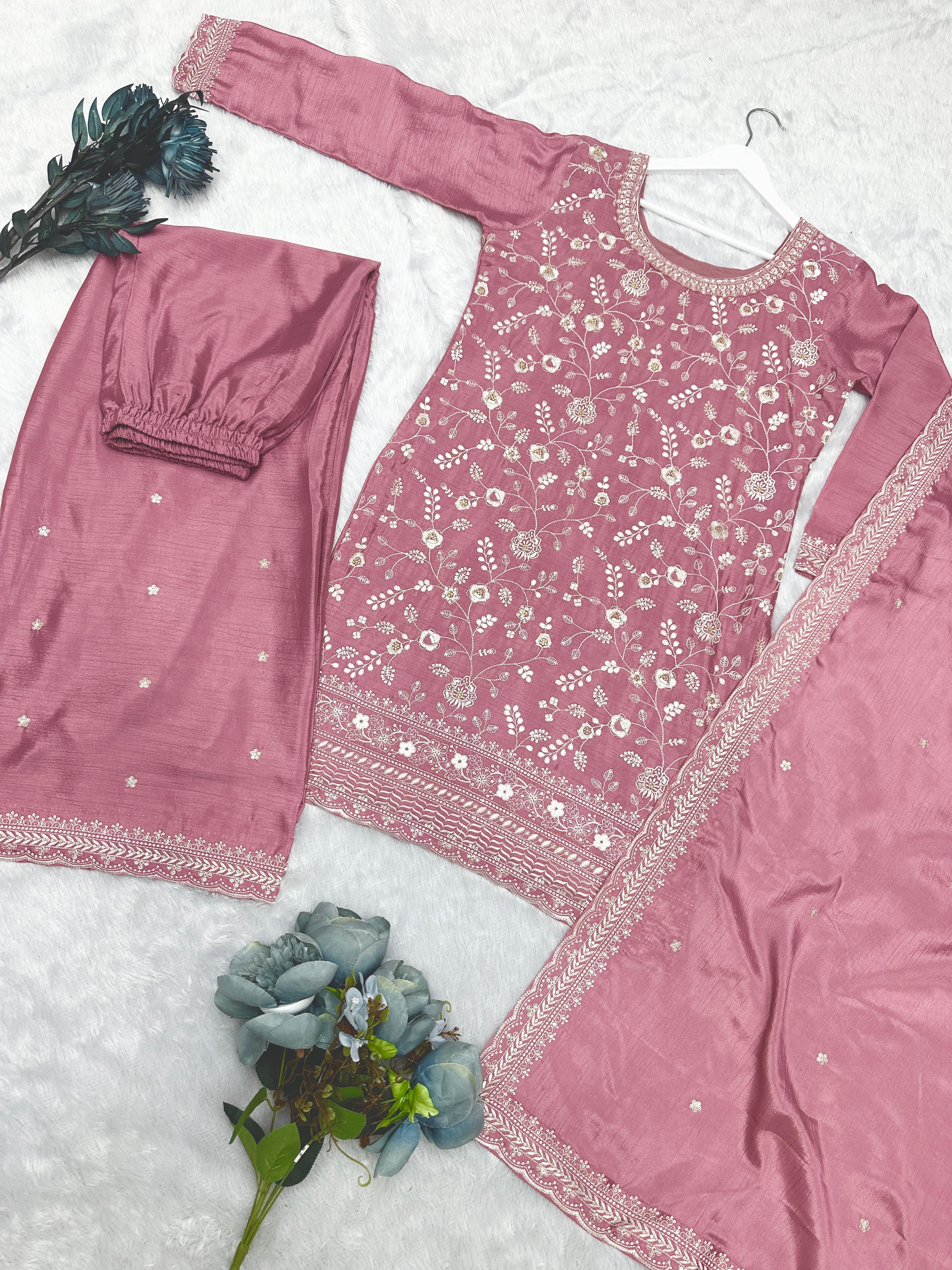 3-Piece Ready-Made Kurti, Plazzo, and Dupatta Set with Embroidery and Sequin Work