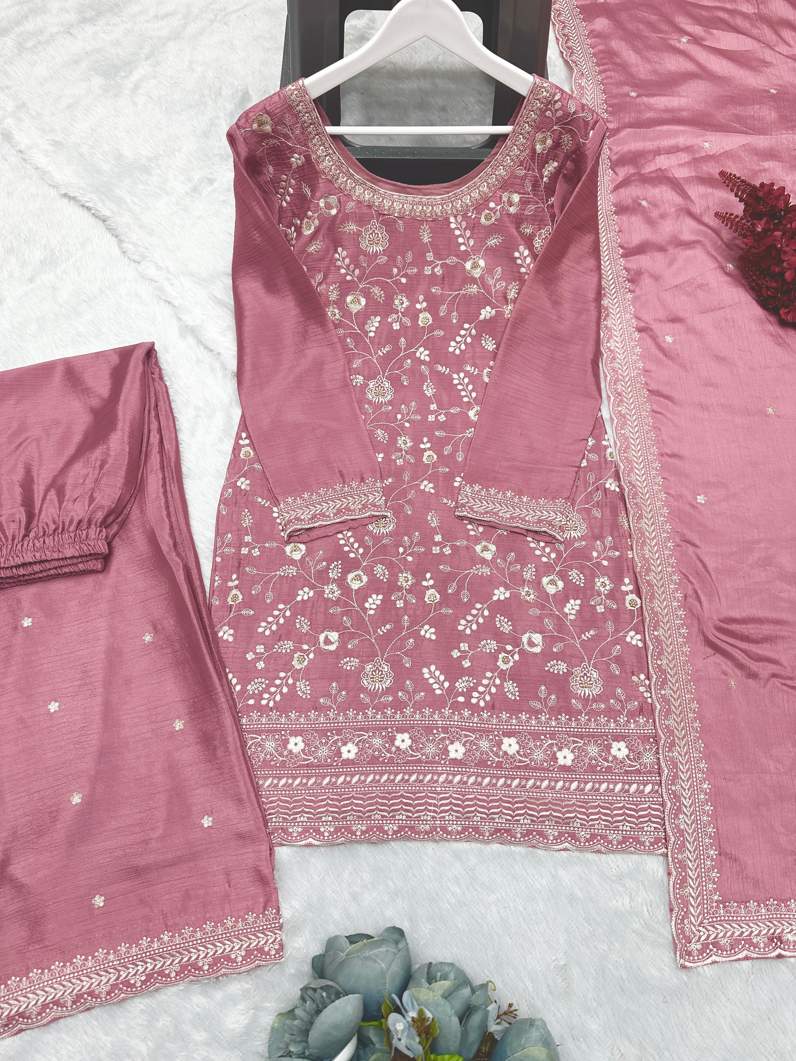 3-Piece Ready-Made Kurti, Plazzo, and Dupatta Set with Embroidery and Sequin Work