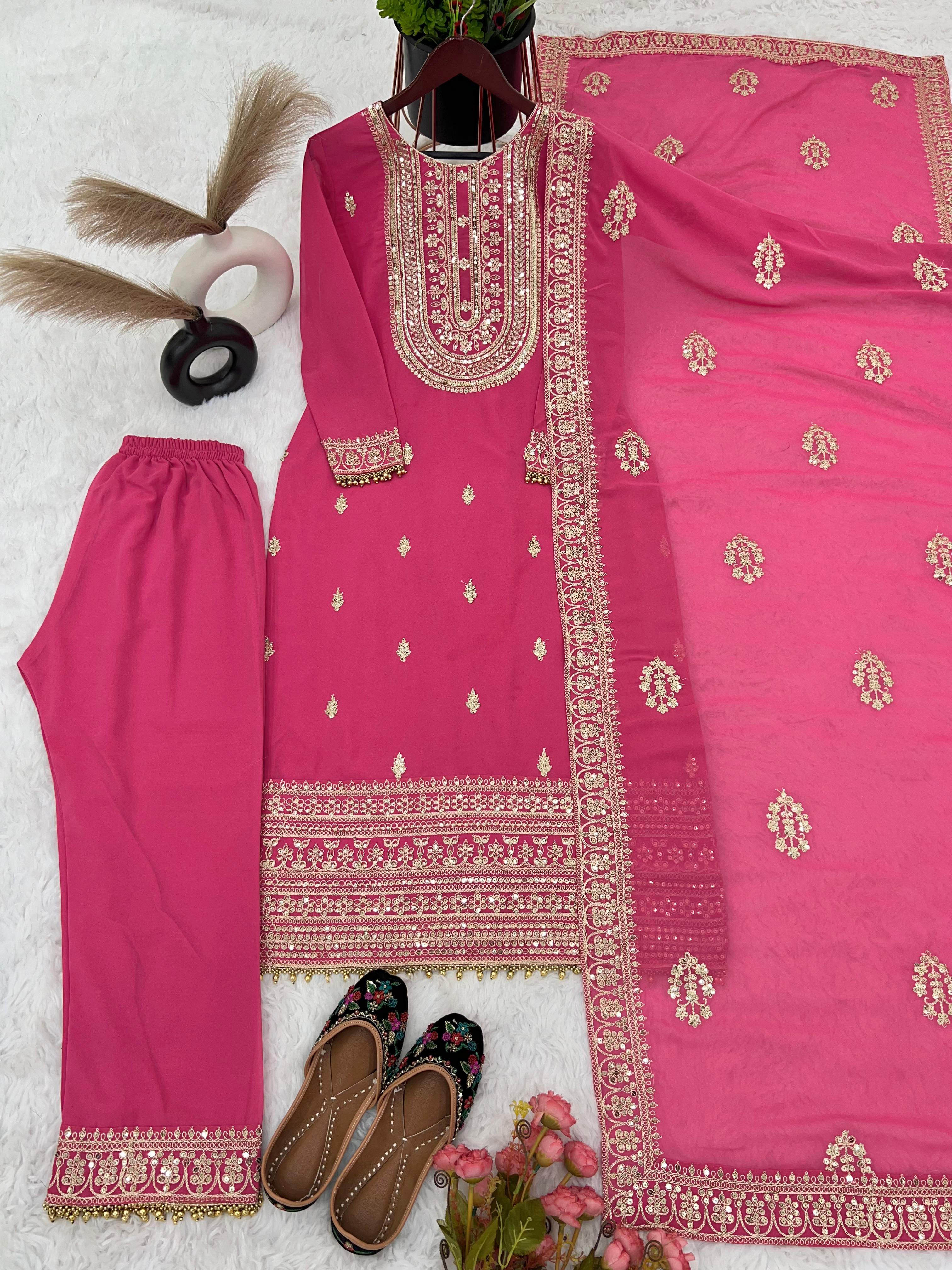 Faux Georgette With Heavy Embroidery Coding Dori-Sequence Work Top-Bottom And Dupatta Set