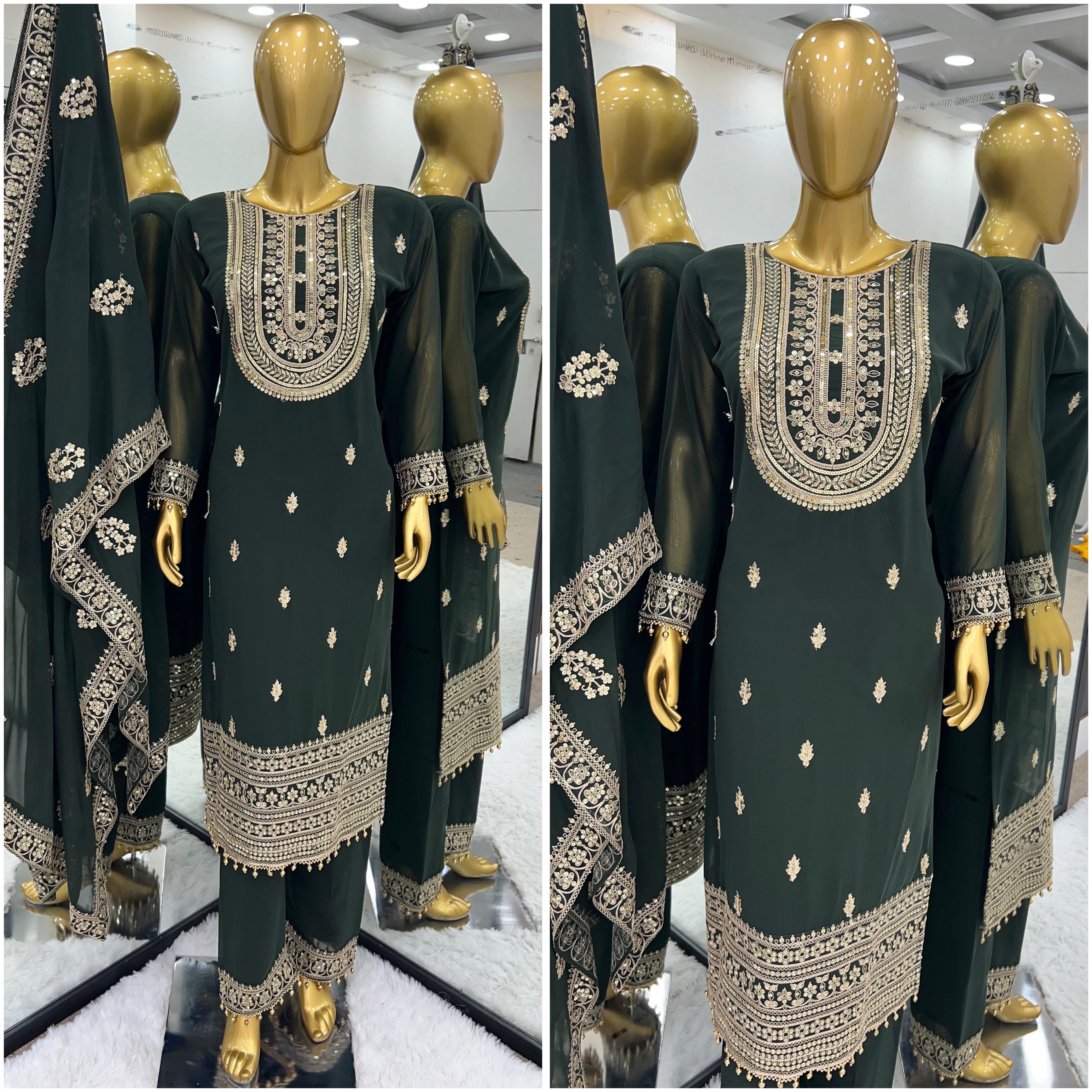 Faux Georgette With Heavy Embroidery Coding Dori-Sequence Work Top-Bottom And Dupatta Set