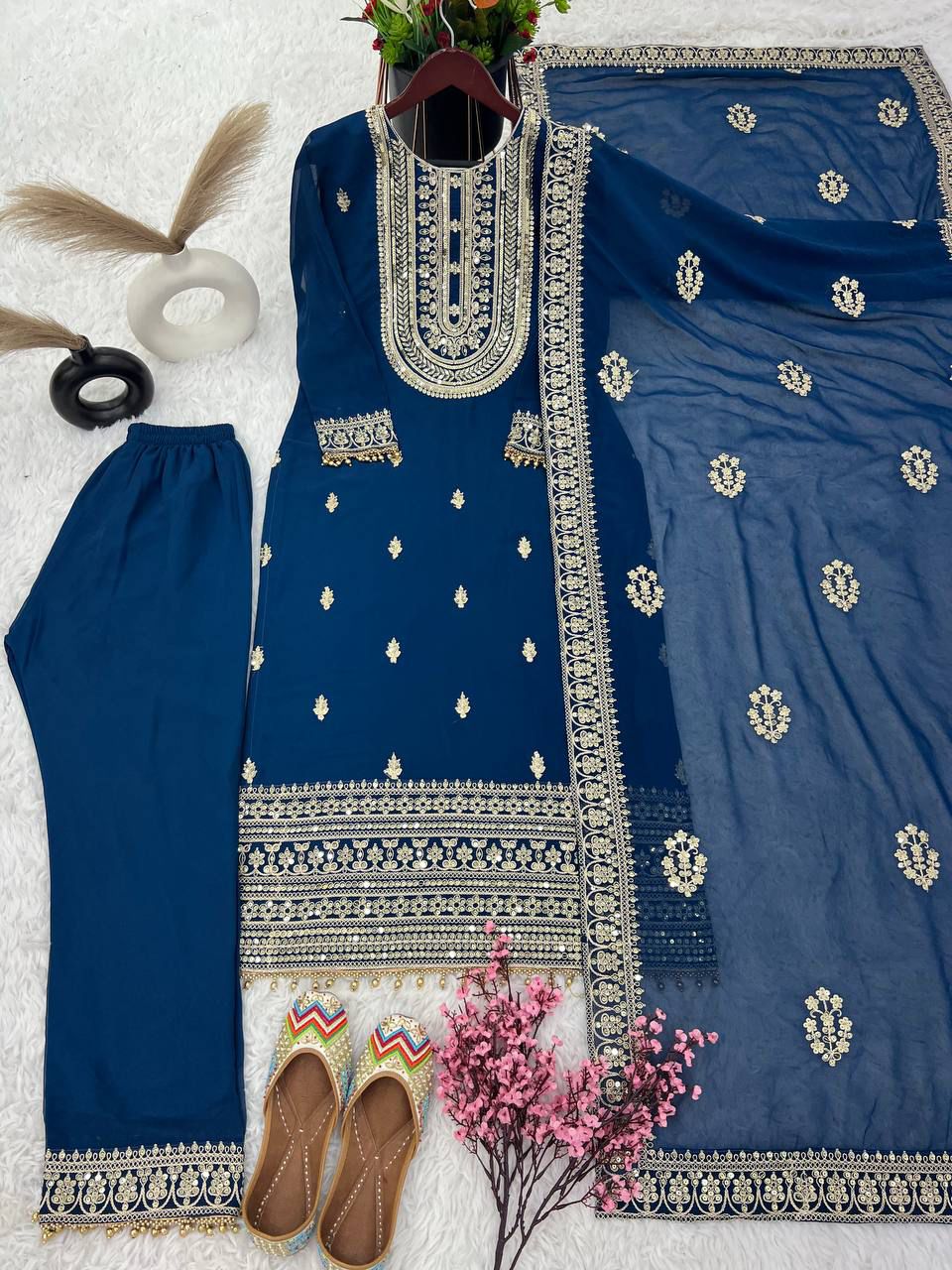 Faux Georgette With Heavy Embroidery Coding Dori-Sequence Work Top-Bottom And Dupatta Set