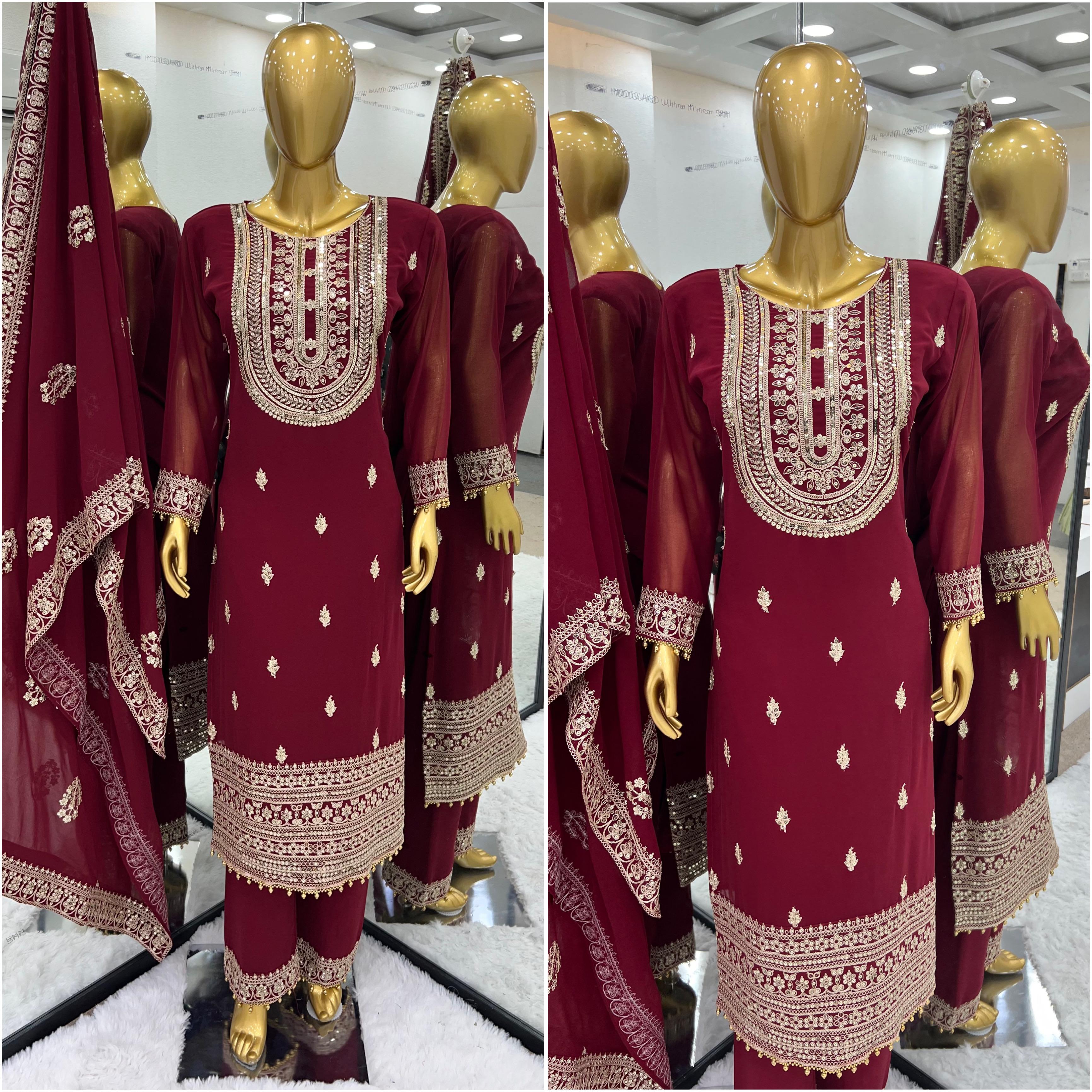 Faux Georgette With Heavy Embroidery Coding Dori-Sequence Work Top-Bottom And Dupatta Set