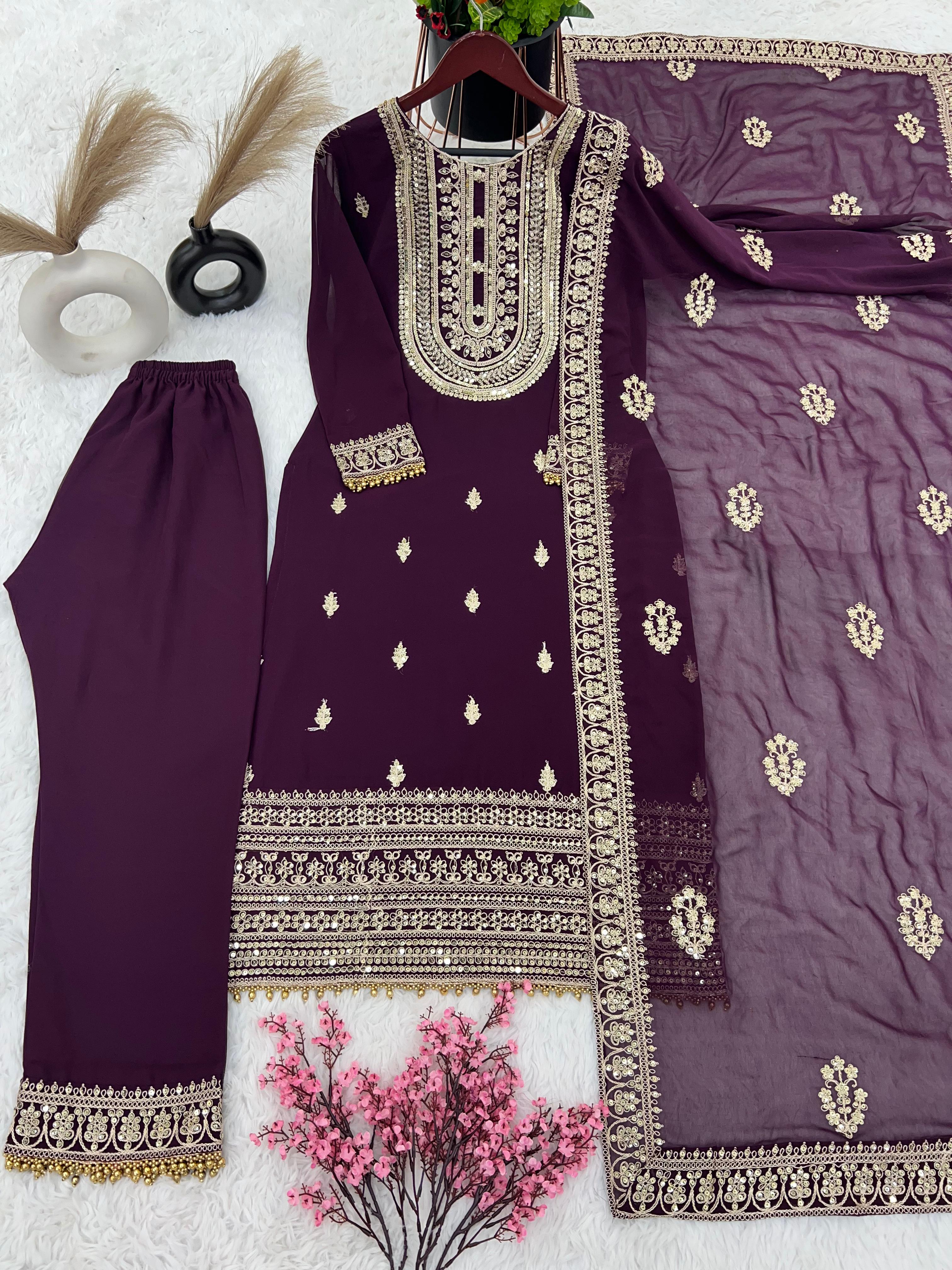 Faux Georgette With Heavy Embroidery Coding Dori-Sequence Work Top-Bottom And Dupatta Set