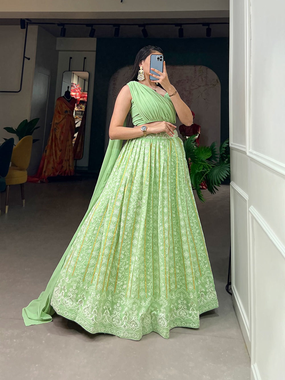 pista two piece lehenga set in georgette with lucknowi thread work