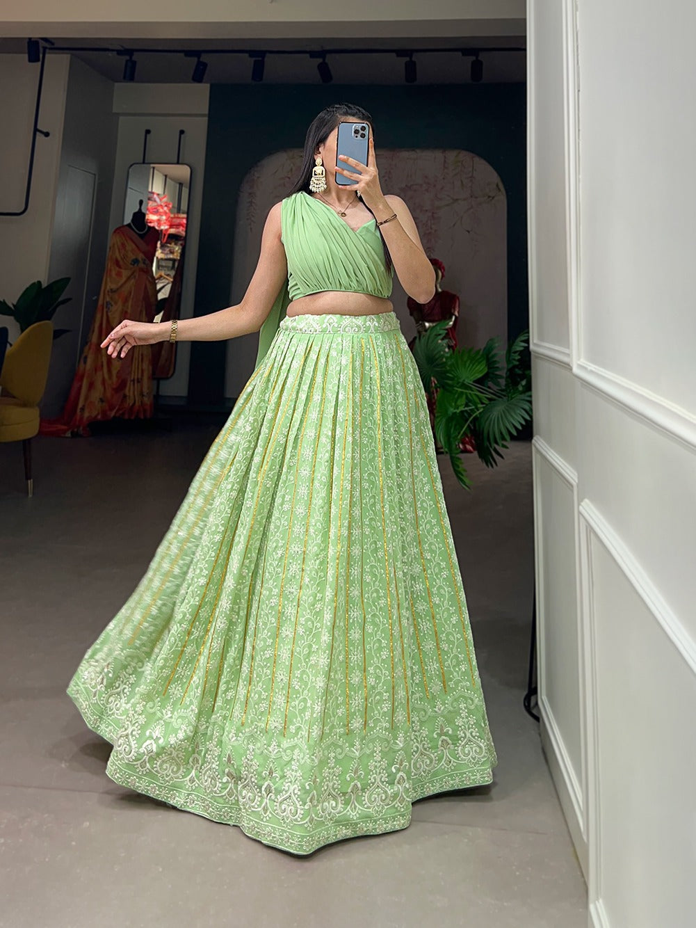 pista two piece lehenga set in georgette with lucknowi thread work