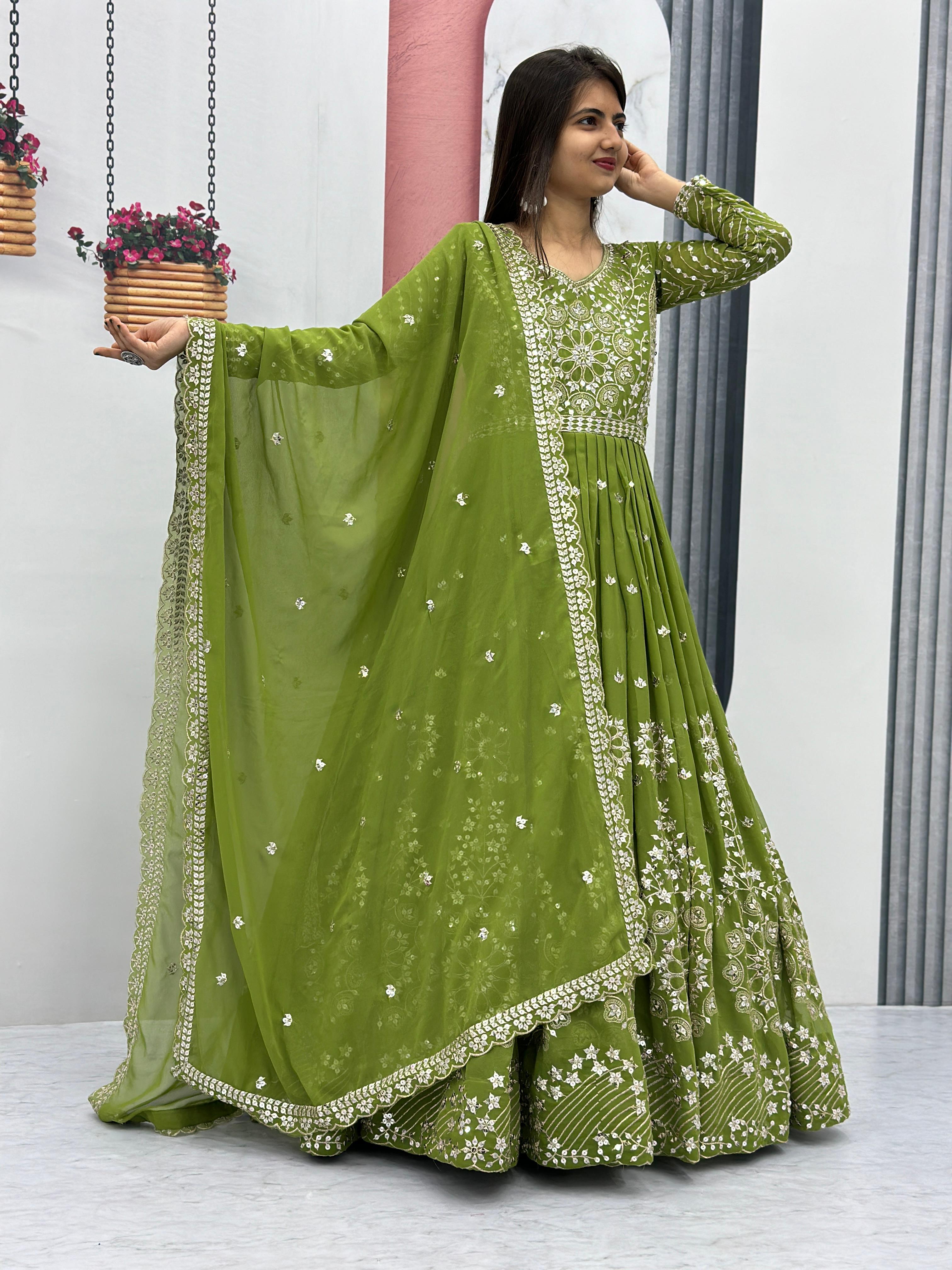 Faux Georgette Gown with Embroidery and Sequins Work with Dupatta