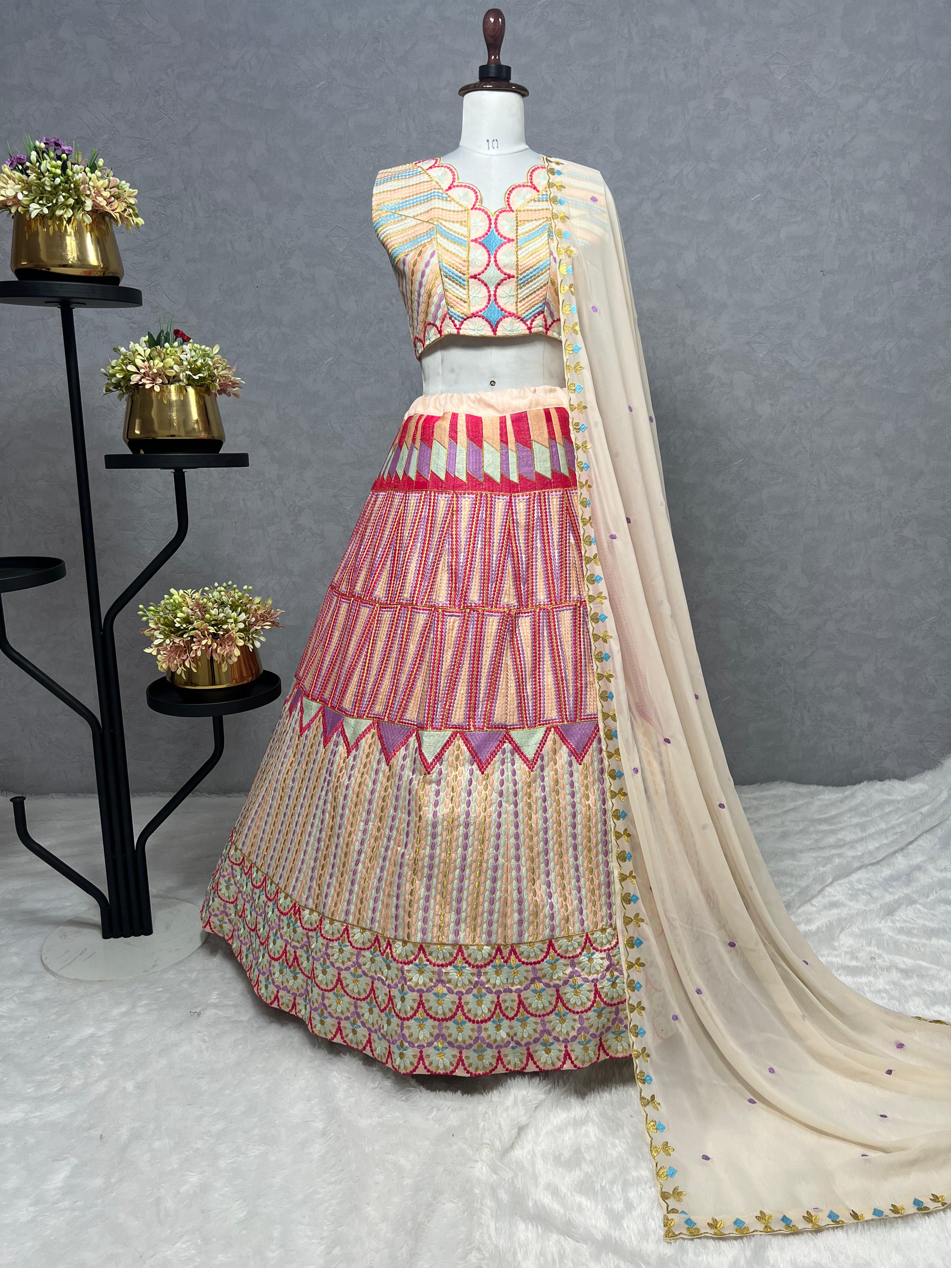 Heavy Thread Work Lahengha - Choli With Dupatta