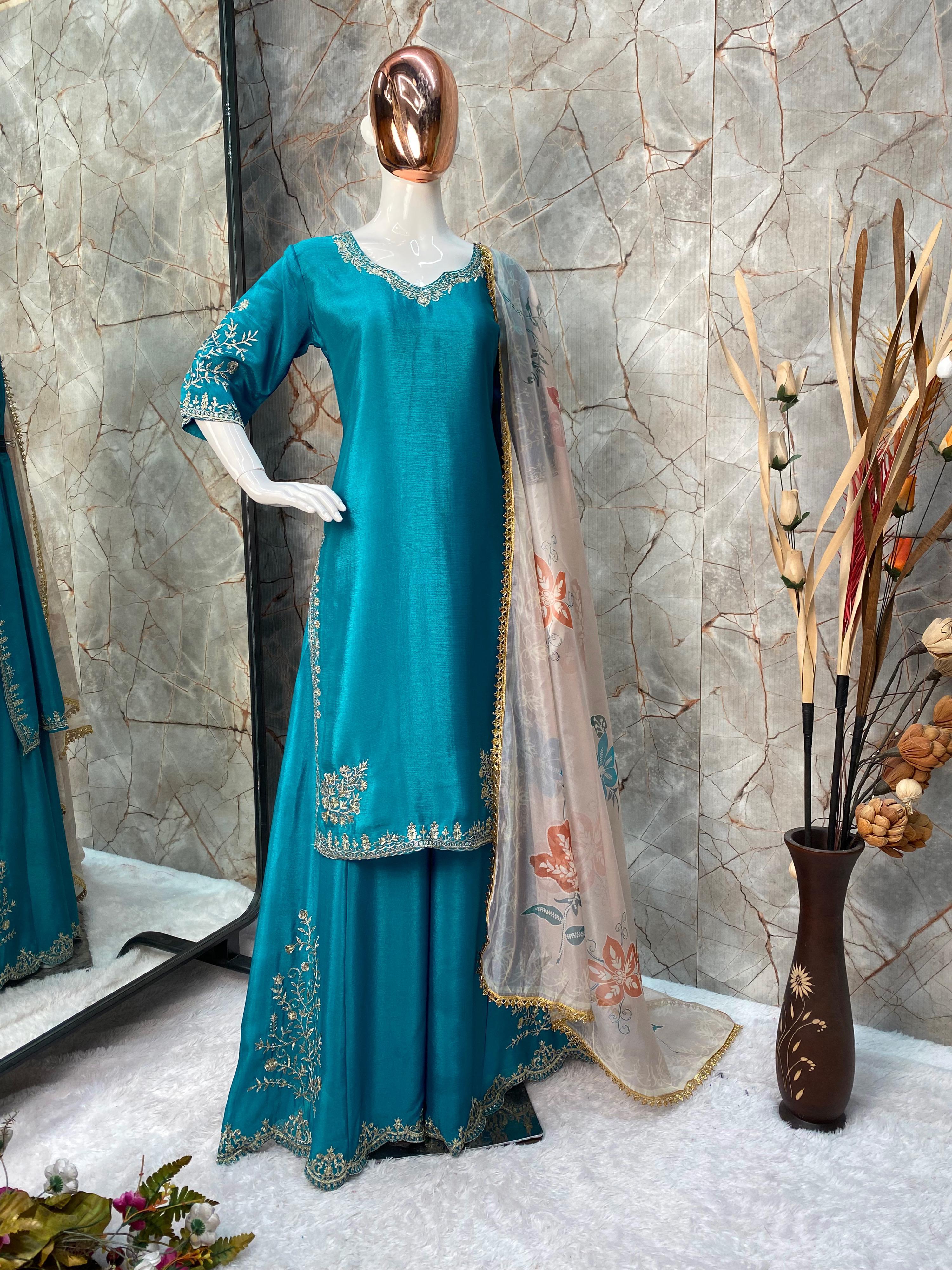 Heavy Chinon Suit with Sequins Embroidery & Full Flair Gharara