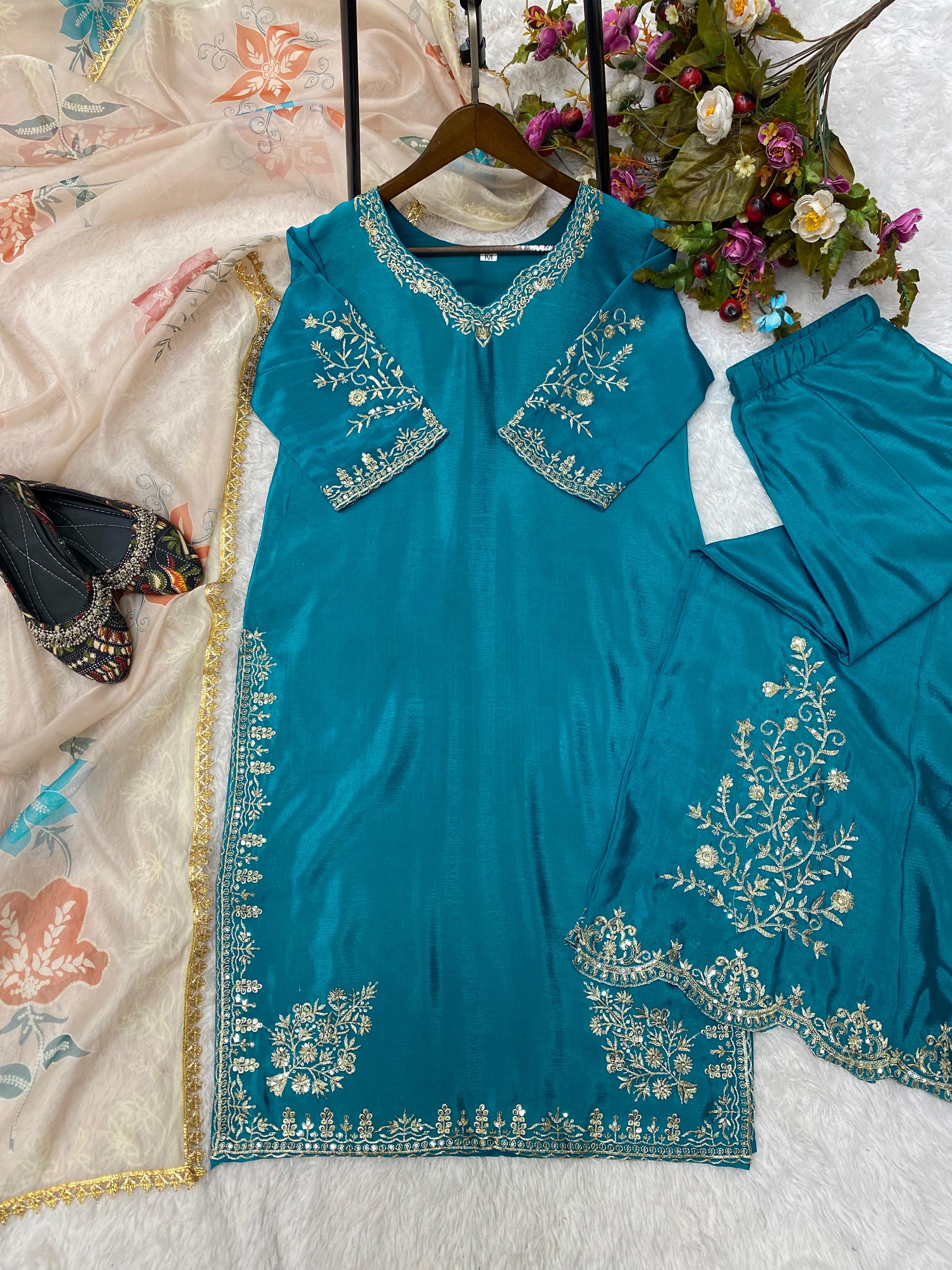 Heavy Chinon Suit with Sequins Embroidery & Full Flair Gharara