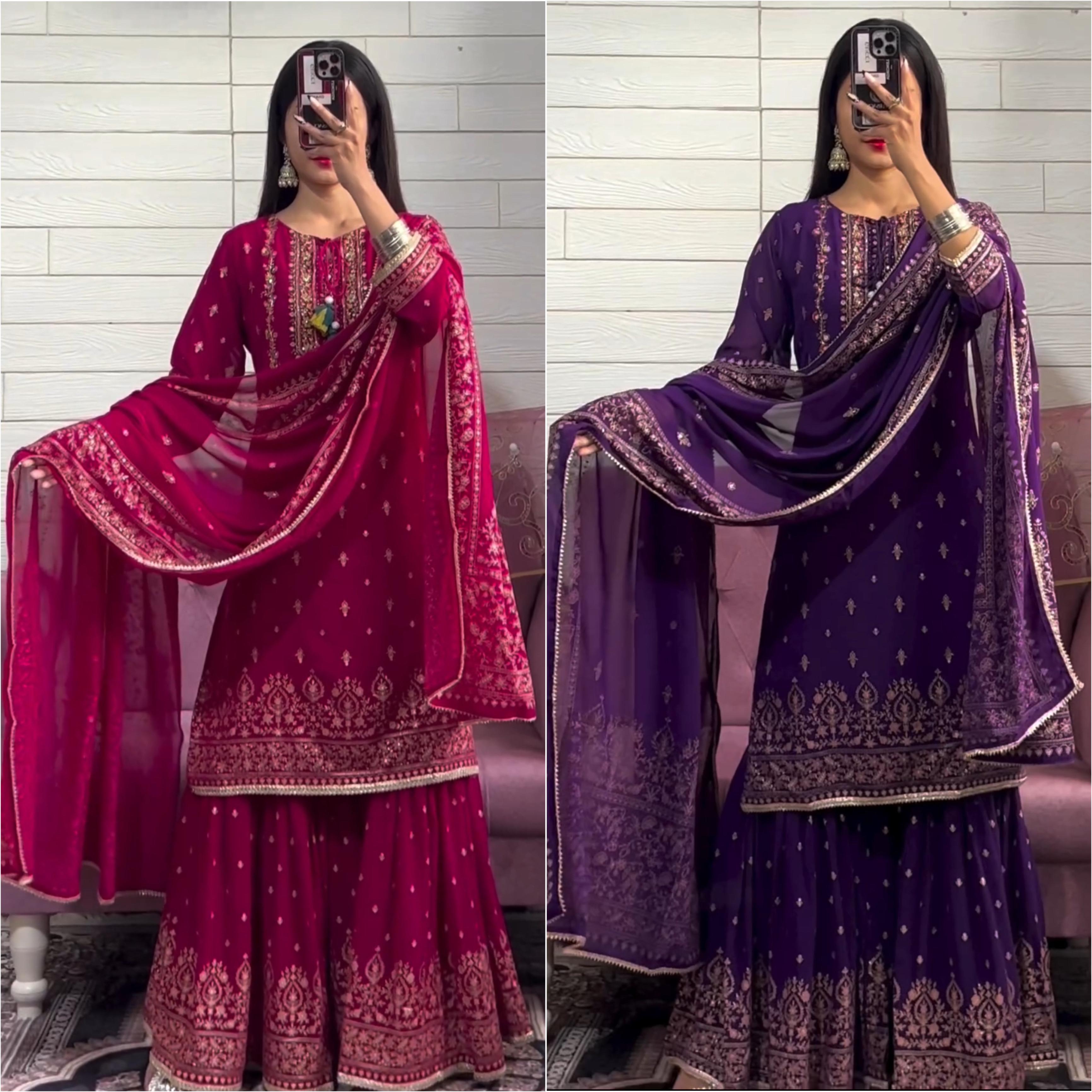 Chinon Silk Sharara Set with Embroidery and Sequins Work