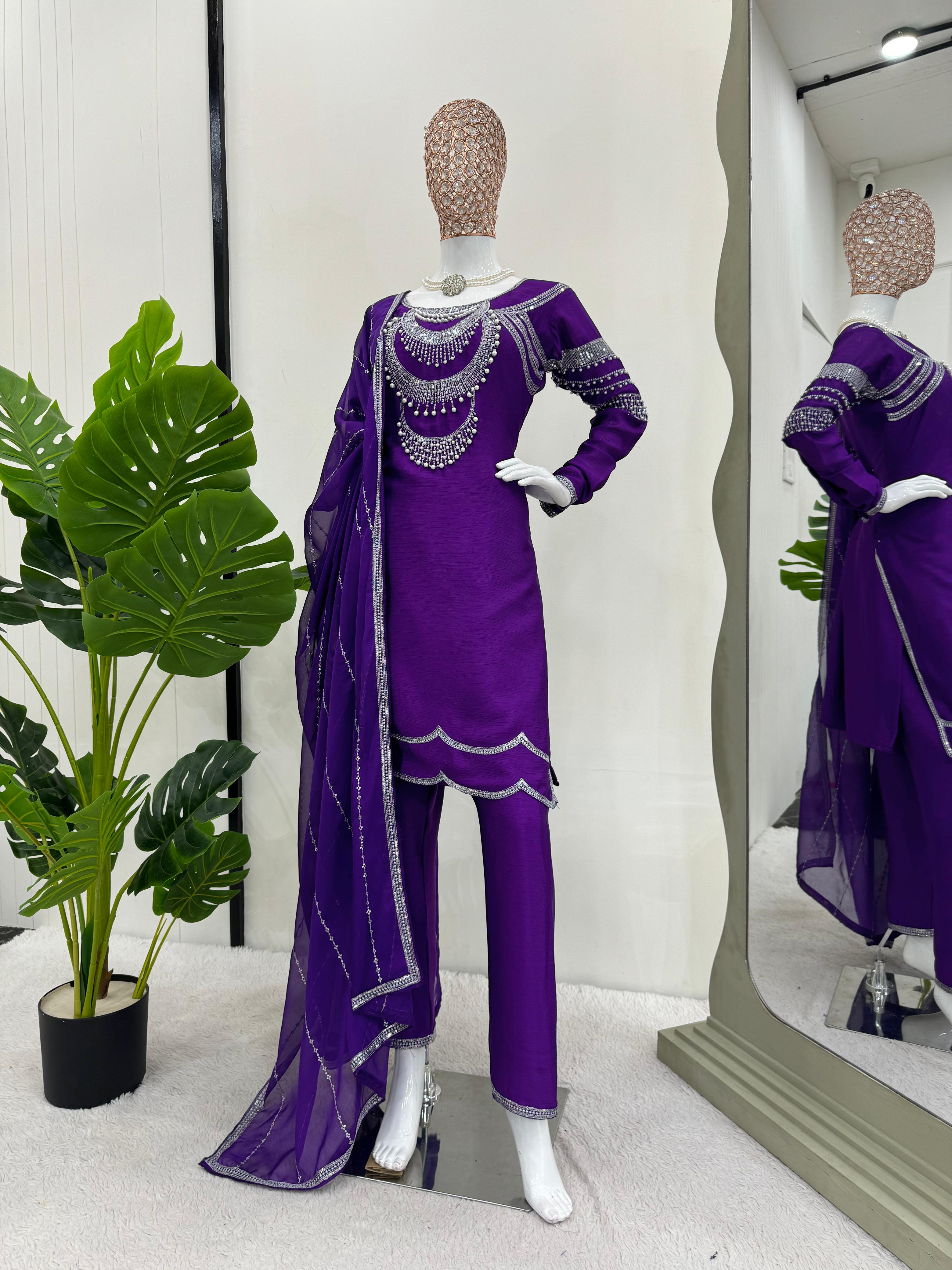 Chinon Silk Top-Pant with Dupatta Set With Sequnce Work