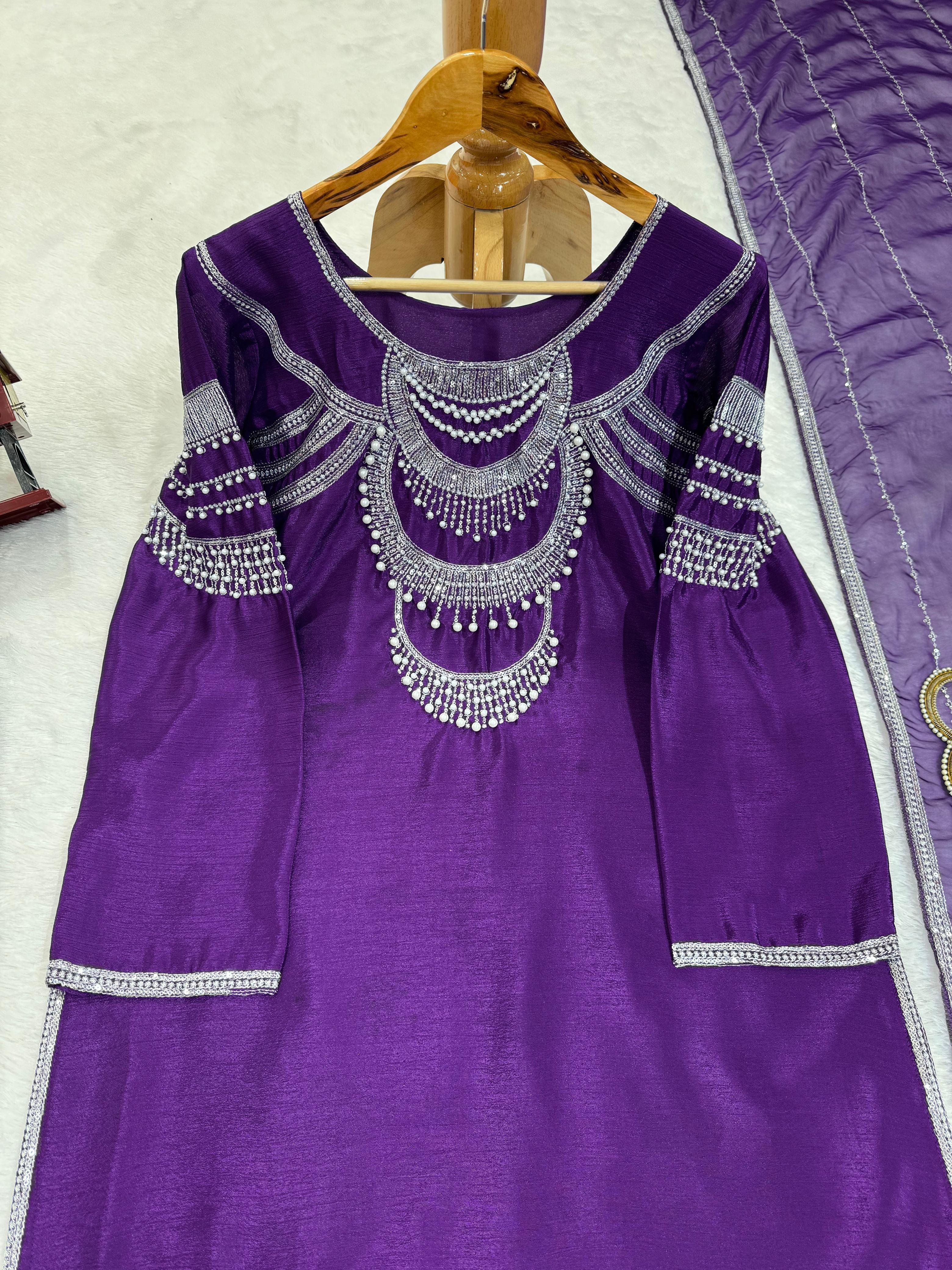 Chinon Silk Top-Pant with Dupatta Set With Sequnce Work