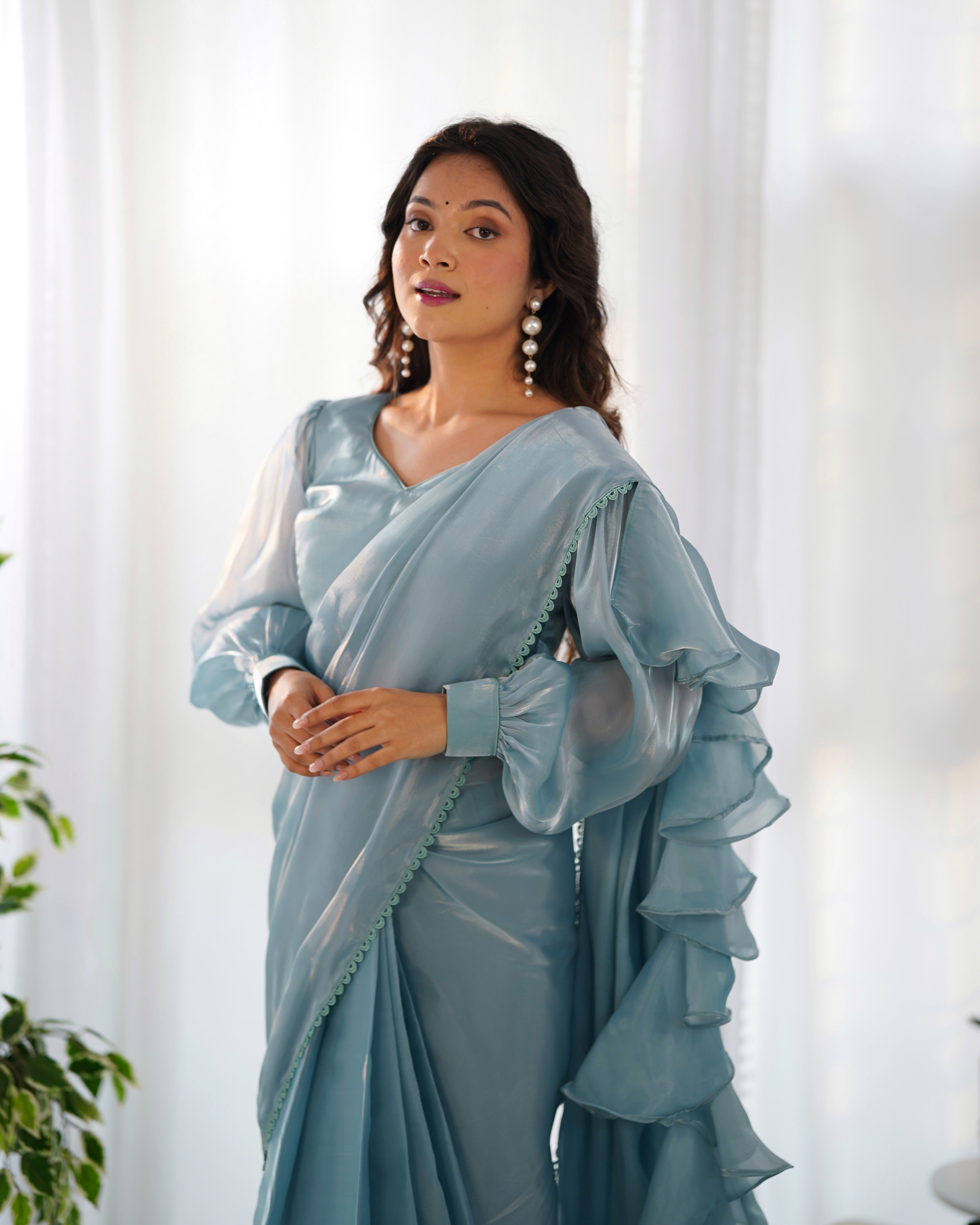 Fascinating Peach Organza Designer Readymade Saree With Blouse NKB-42-SKY BLUE