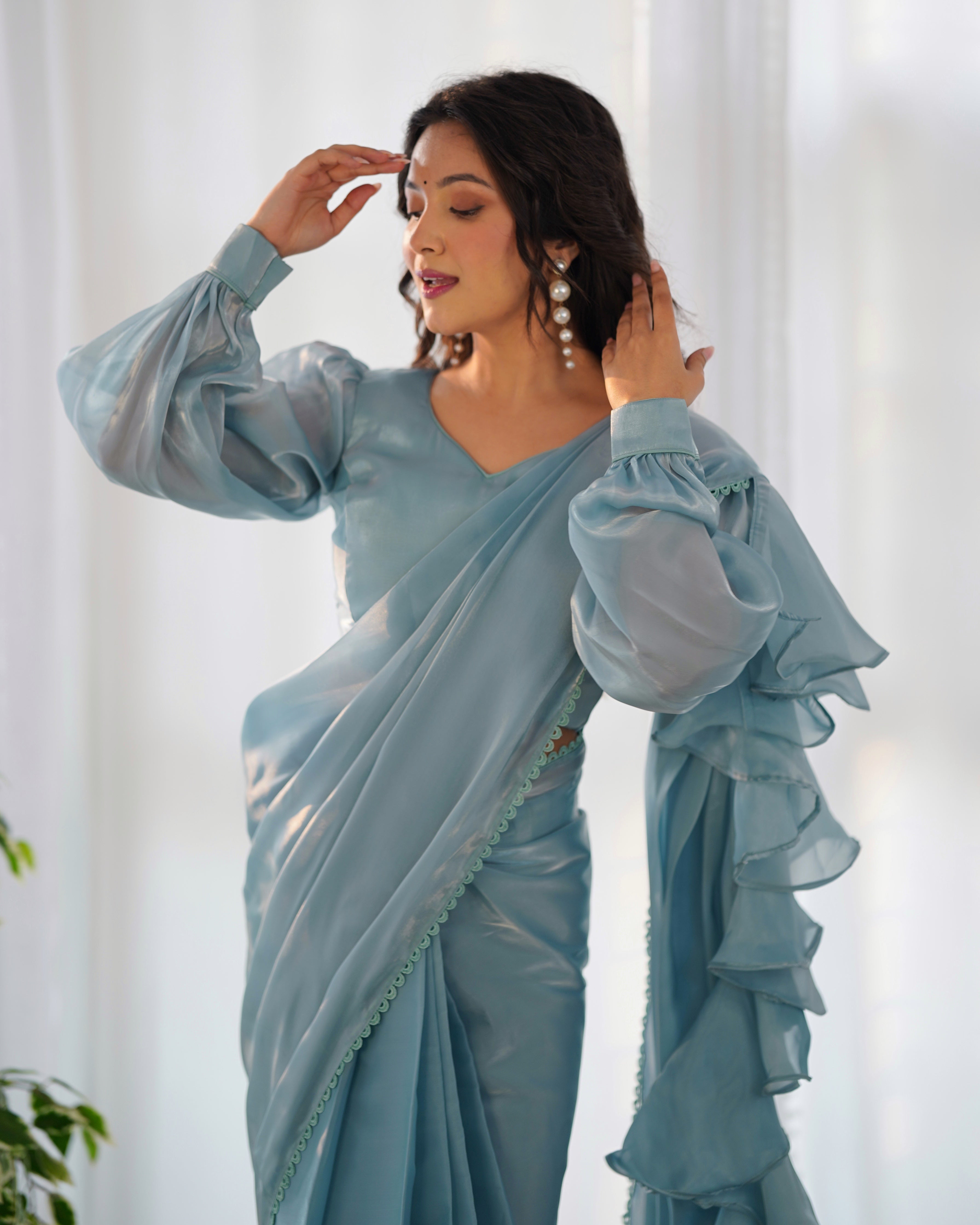 Fascinating Peach Organza Designer Readymade Saree With Blouse NKB-42-SKY BLUE