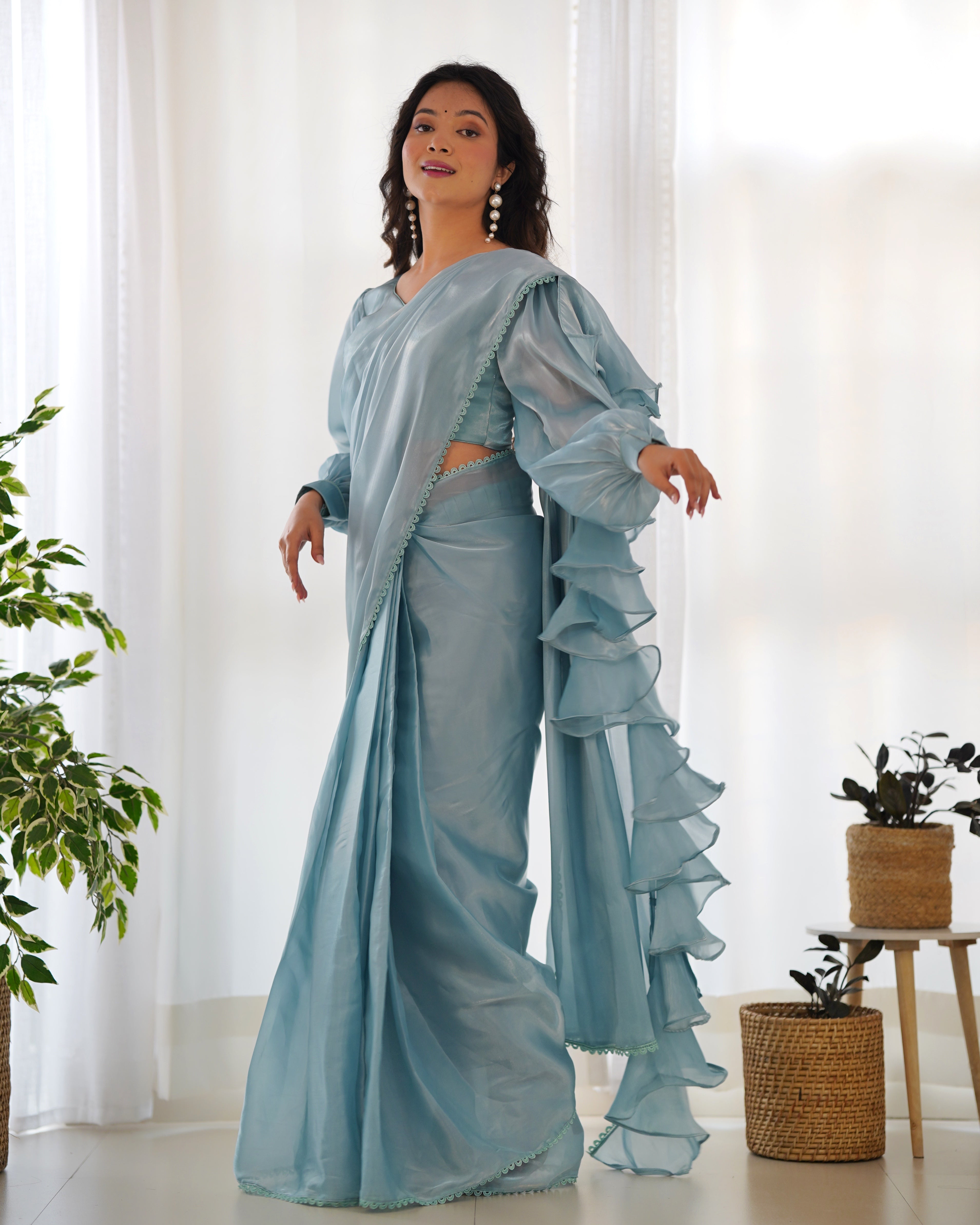 Fascinating Peach Organza Designer Readymade Saree With Blouse NKB-42-SKY BLUE