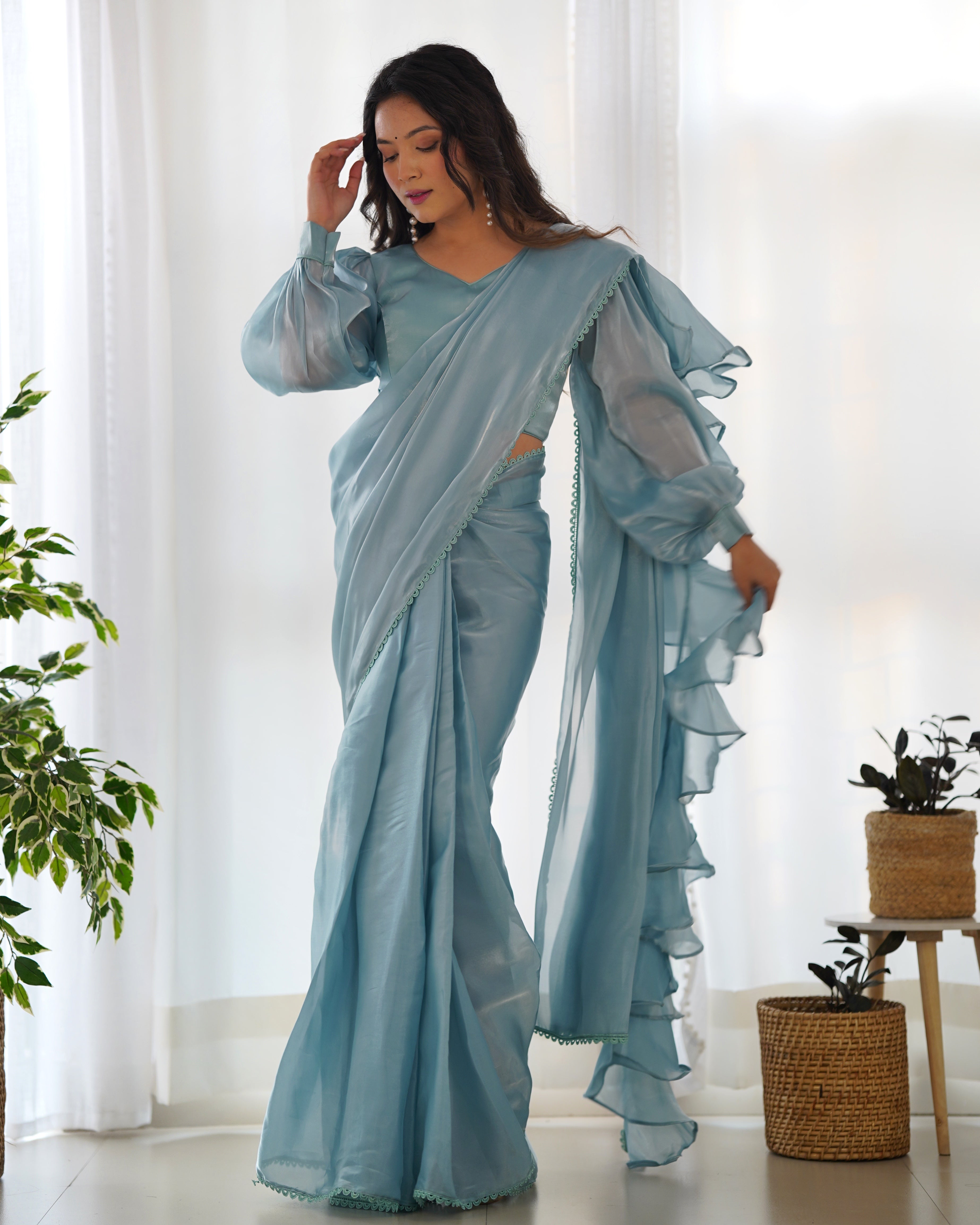 Fascinating Peach Organza Designer Readymade Saree With Blouse NKB-42-SKY BLUE