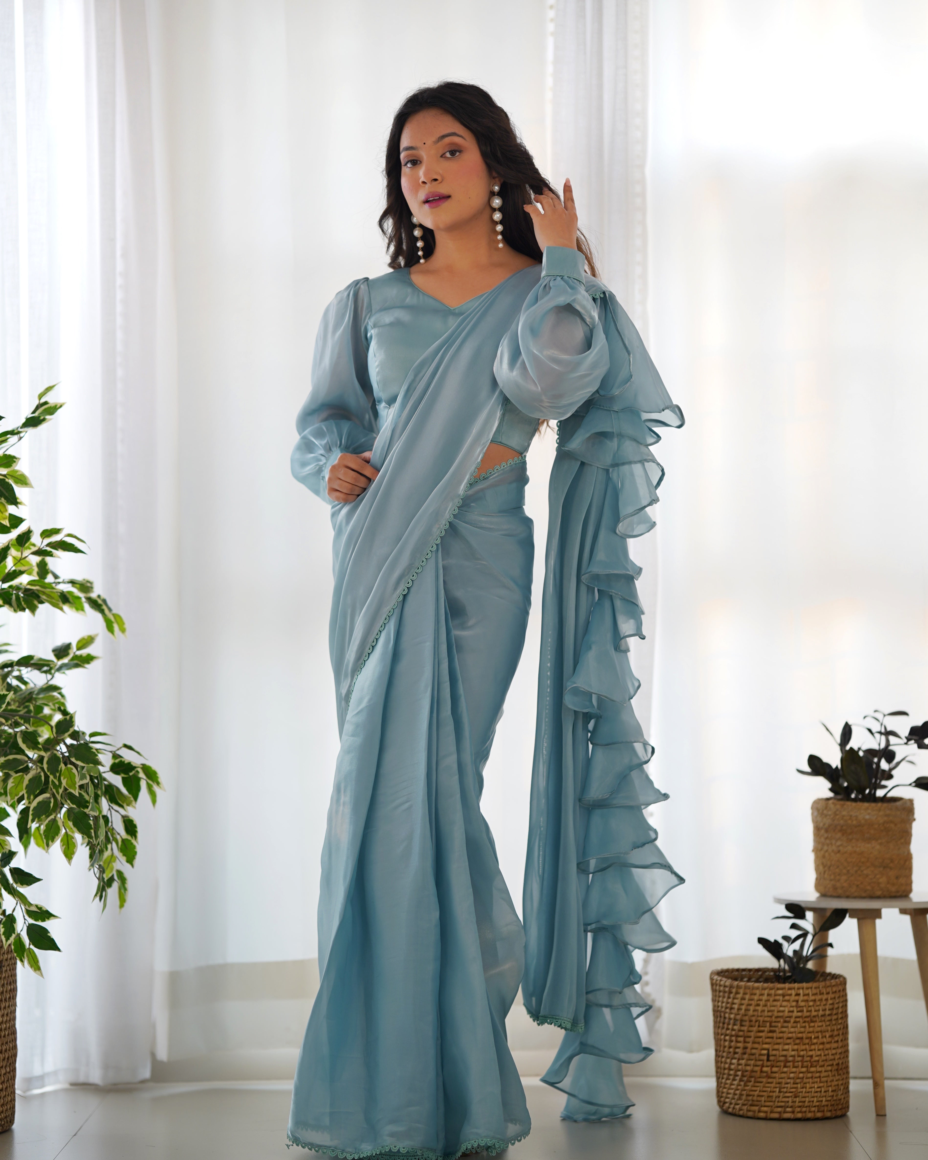 Fascinating Peach Organza Designer Readymade Saree With Blouse NKB-42-SKY BLUE